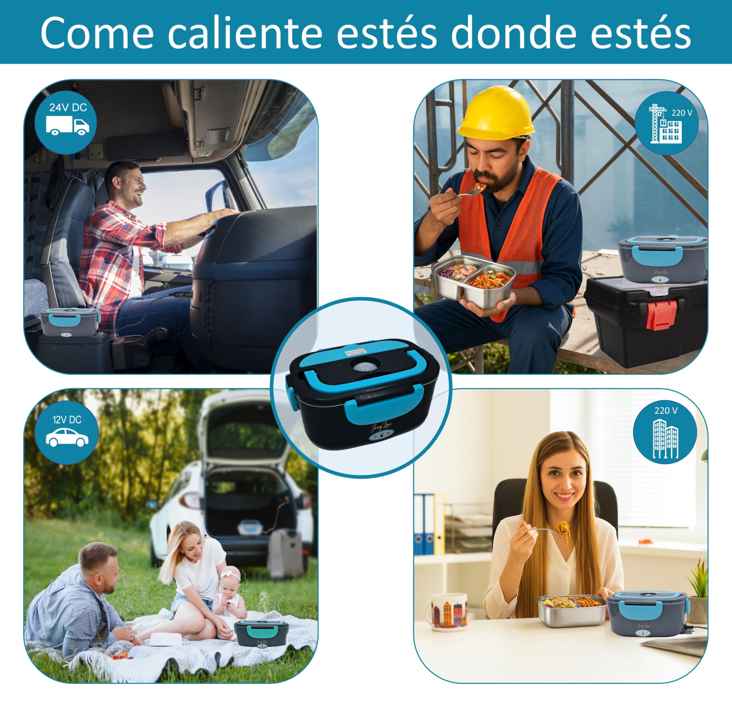 Fiambrera eléctrica portátil profesional elegante 80W 12V/24V/220V Multifunción coche camión oficina Calienta comida rápido Taper Contenedor dividido Acero inoxidable 1,5L Negra azul-claro