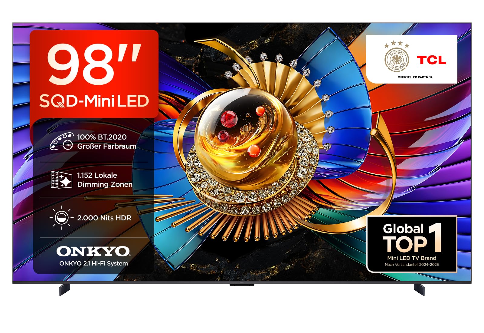 TCL 98Q7D Pro SQD-Mini LED 98 Zoll Fernseher, 4K Smart TV, Google TV | 1152 Dimming-Zonen, 2000 Nits Spitzenhelligkeit, Dolby Vision IQ & Atmos, 2.1 Onkyo Sound, 144 Hz VRR, AirPlay 2 & Alexa