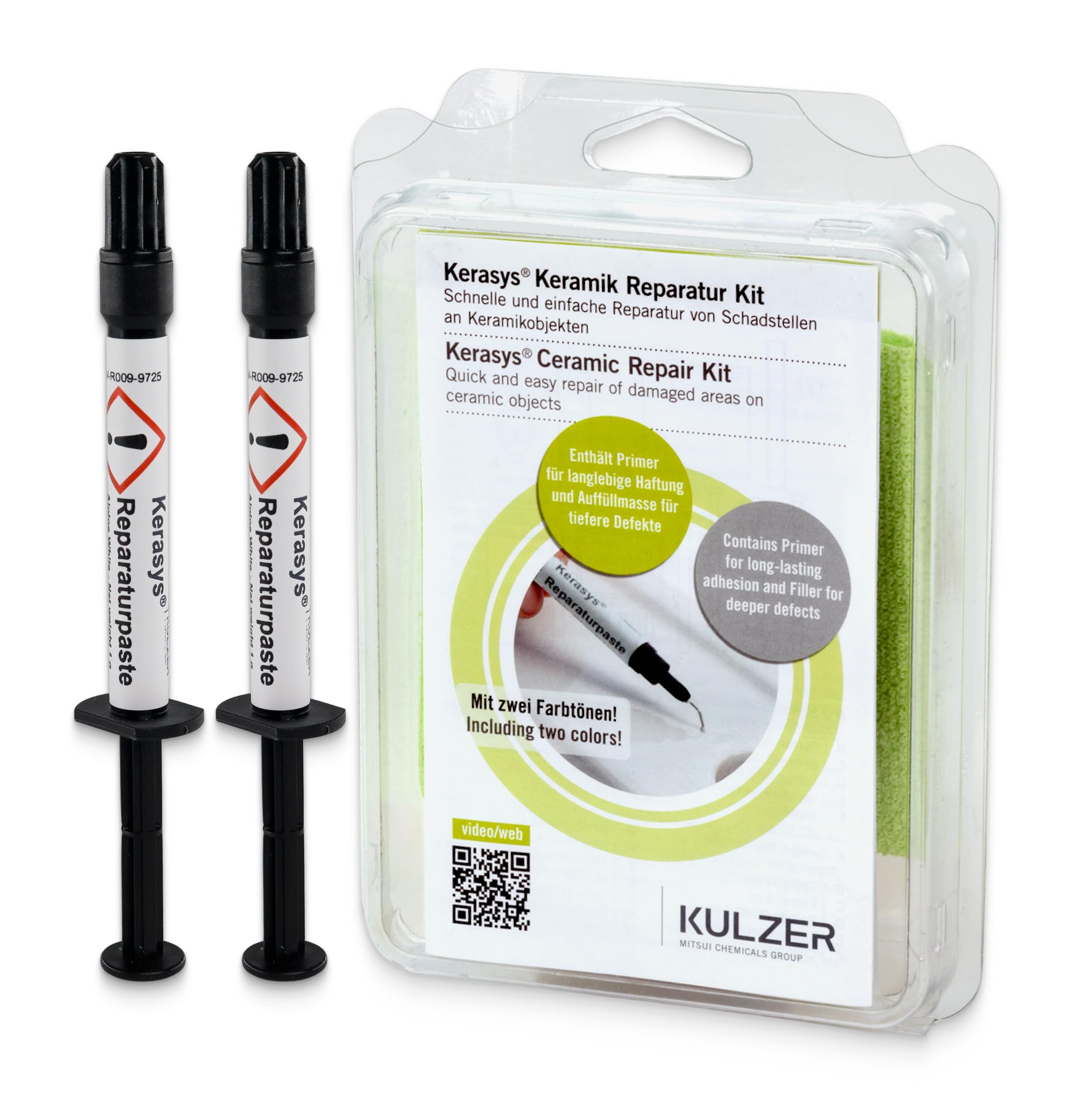 KERASYS Keramik Reparaturset - Profi Reparaturpaste für Waschbecken, Badewannen, Fliesen Komplettset mit UV-Licht, Primer & Politur - Farben: Alpine White/Star White