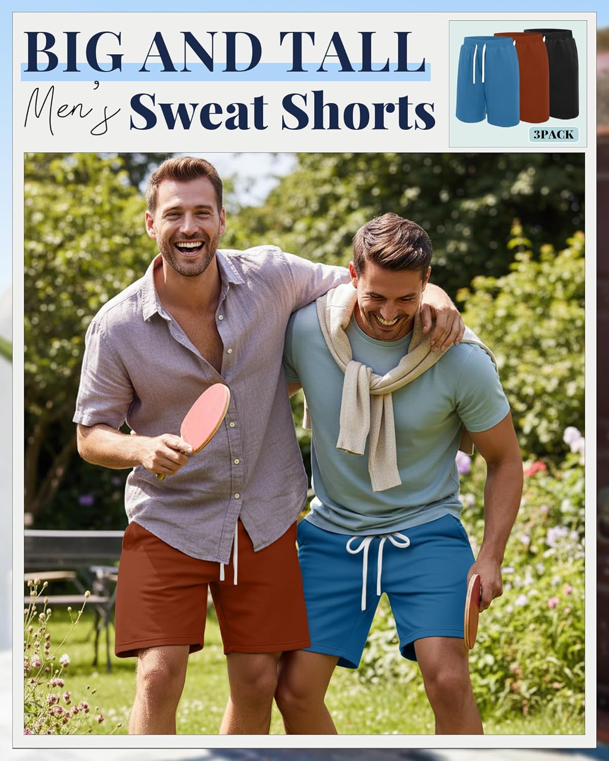 Ficerd 3 Pack Big and Tall Men's Sweat Shorts 9'' Plus Size Bermuda Drawstring Elastic Waist Shorts with 3 Pocket