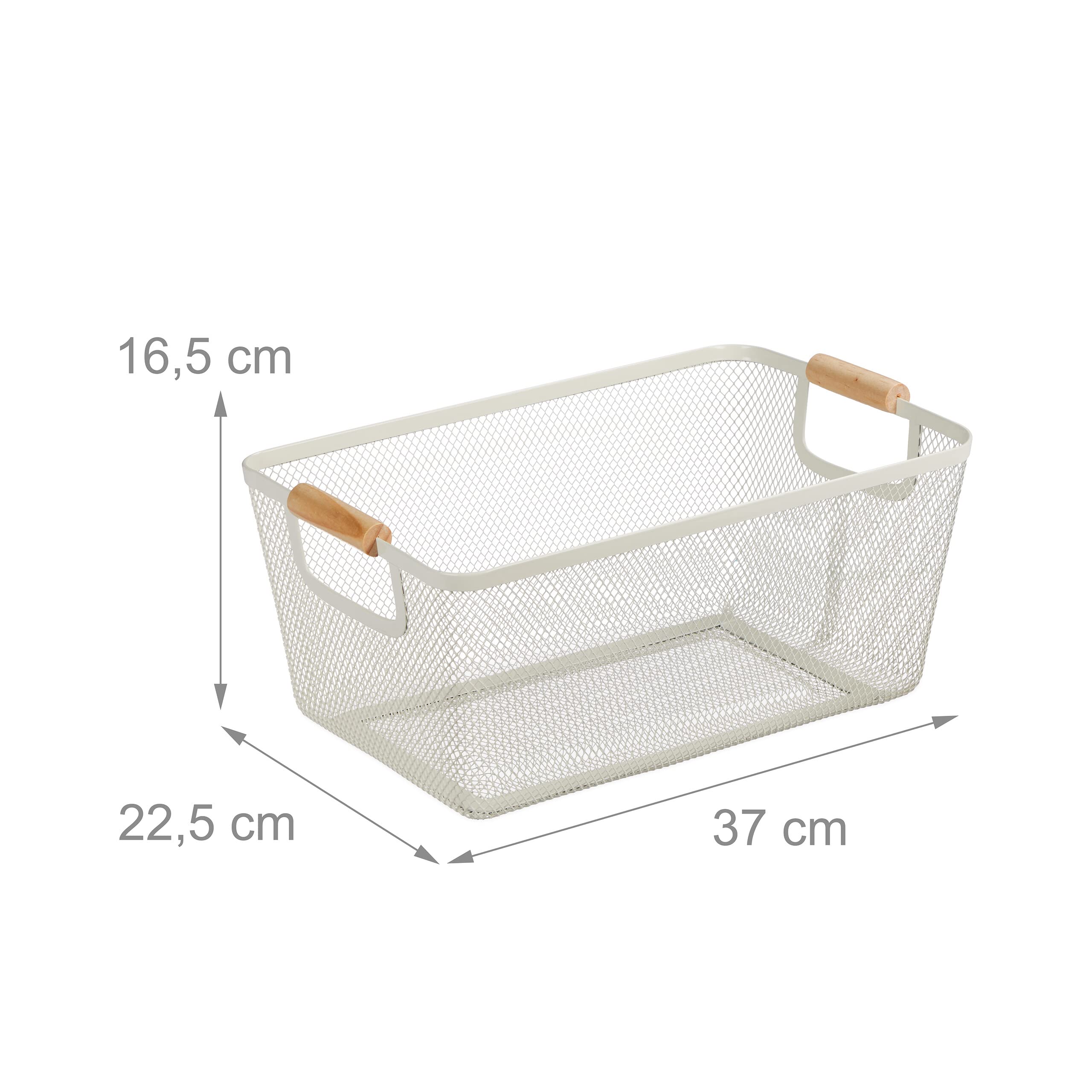 Relaxdays Cestino Portaoggetti in Metallo con Manici in Legno, Rettangolare, Cesto Metallico 16,5 x 37 x 22,5 cm, Bianco