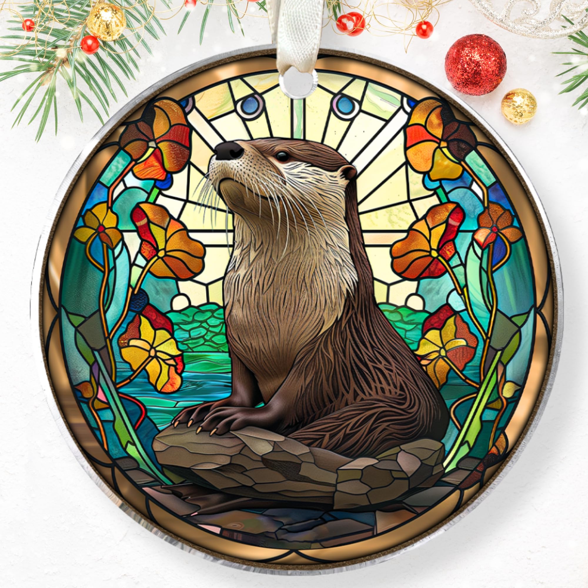 PawzityPawzity Otter Christmas Ornament - Otter Animal Christmas Ornaments, Otter Ornaments for Christmas Tree - Otter Animal Gifts for Family, Friends, Coworker - Gift for Otter Lovers - Acrylic Ornament