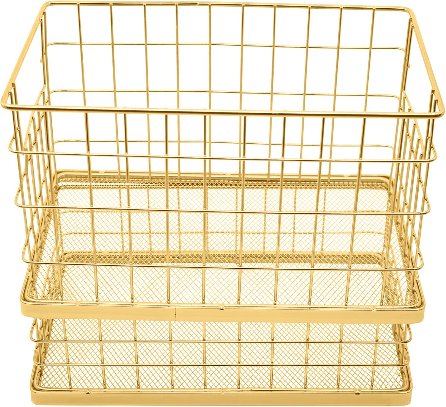 Set of 2 Stackable 10" Metal Wire Storage Basket Bins With Handles (Gold Woven Mesh Base)