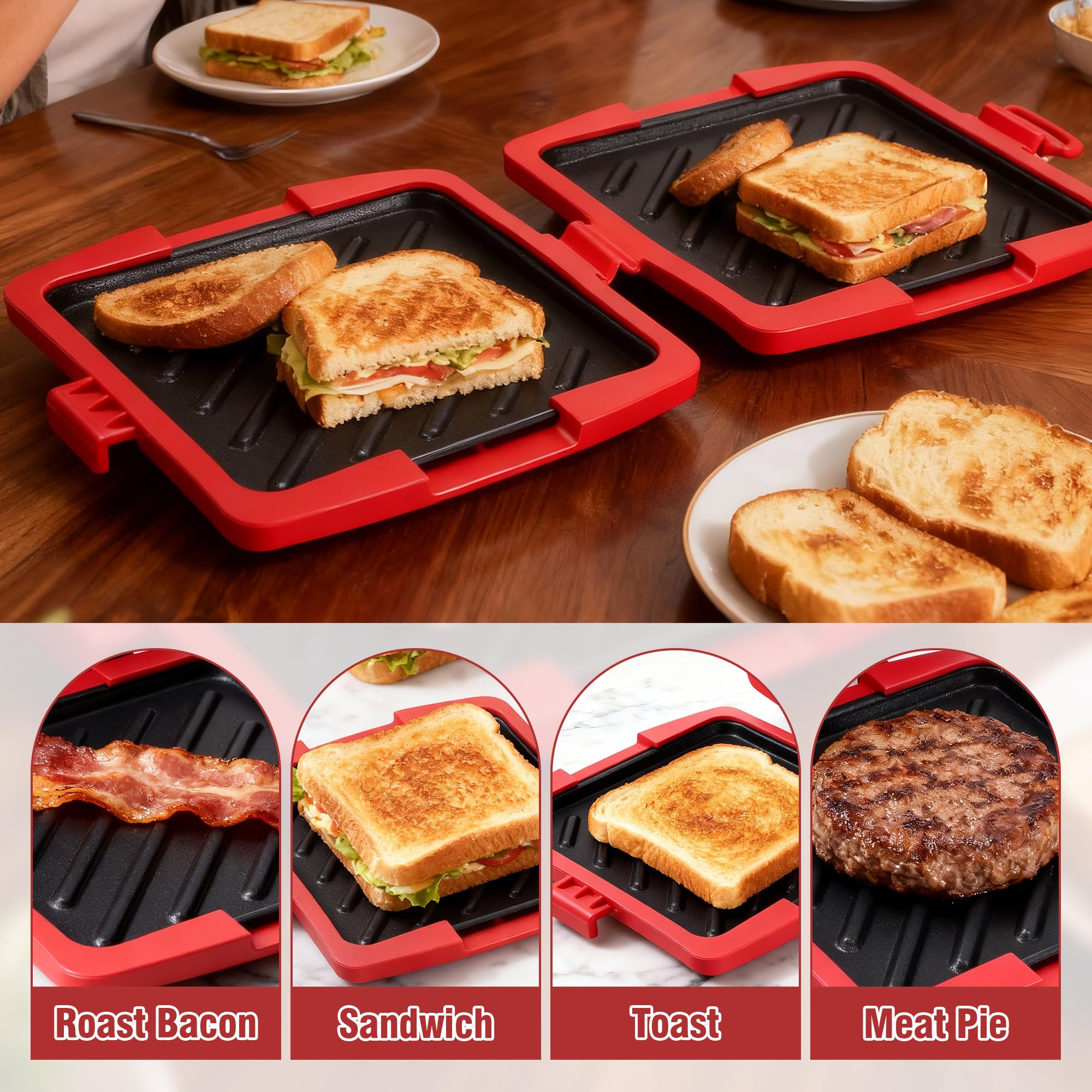 Tostapane per Microonde, Tostapane Micro con Piastre in Alluminio Rimovibili e Guscio in Silicone, Tostapane per Sandwich da Microonde 16x16cm per Toast, Panini, Bacon