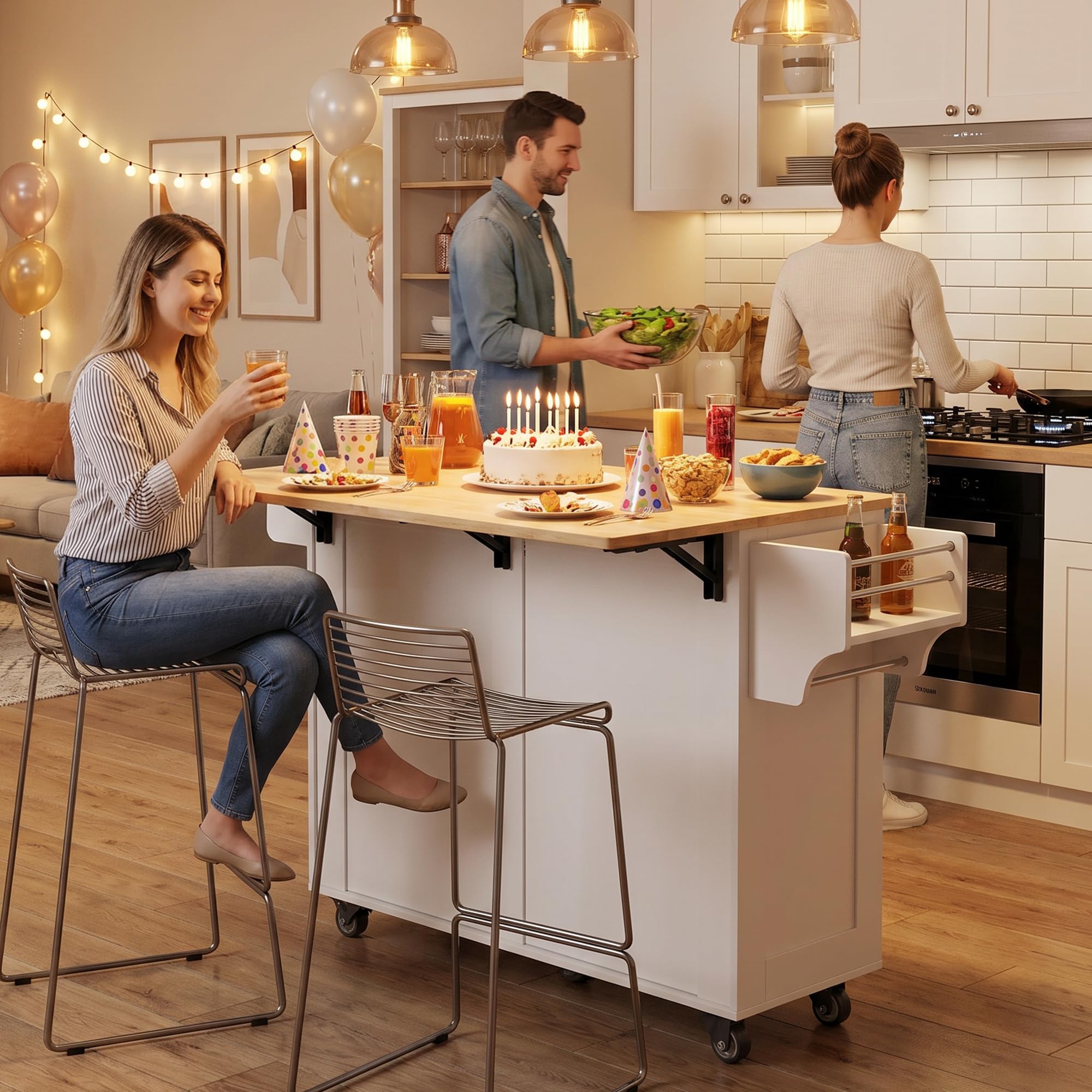 Xbro Îlot de Cuisine Mobile 145x75x90 cm sur roulettes, Chariot avec Tiroirs et Armoires, Plan de Travail en Bois, Meuble de Rangement pour Espace Restreint (Blanc)