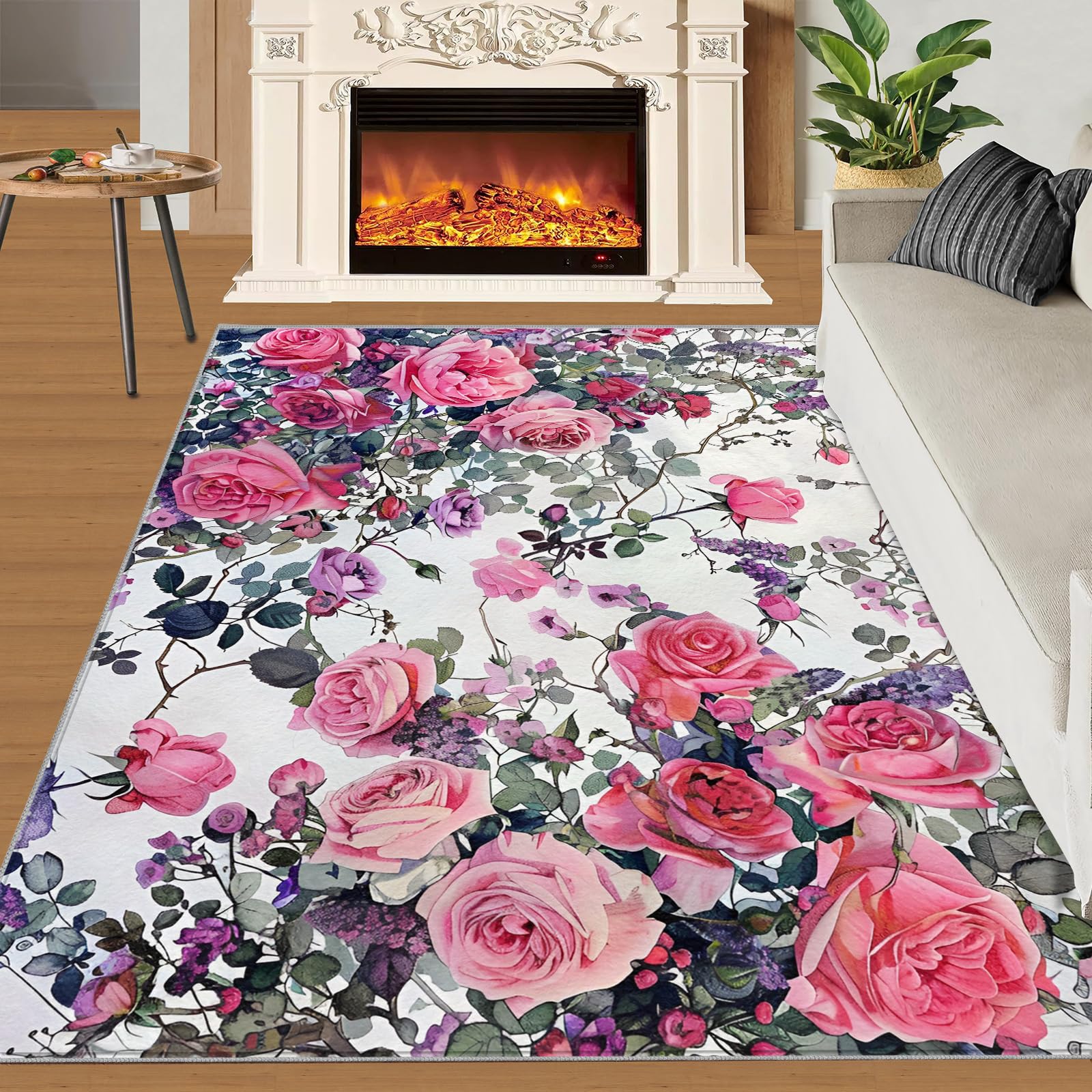 Blumen-Rosen-Teppiche für Mädchenzimmer, 120 x 170 cm, rutschfest, waschbar, Malerei, Frühlingsdesign, für Damen, weicher niedriger Flor, rosa Blumen, Teppich, Gartenstil