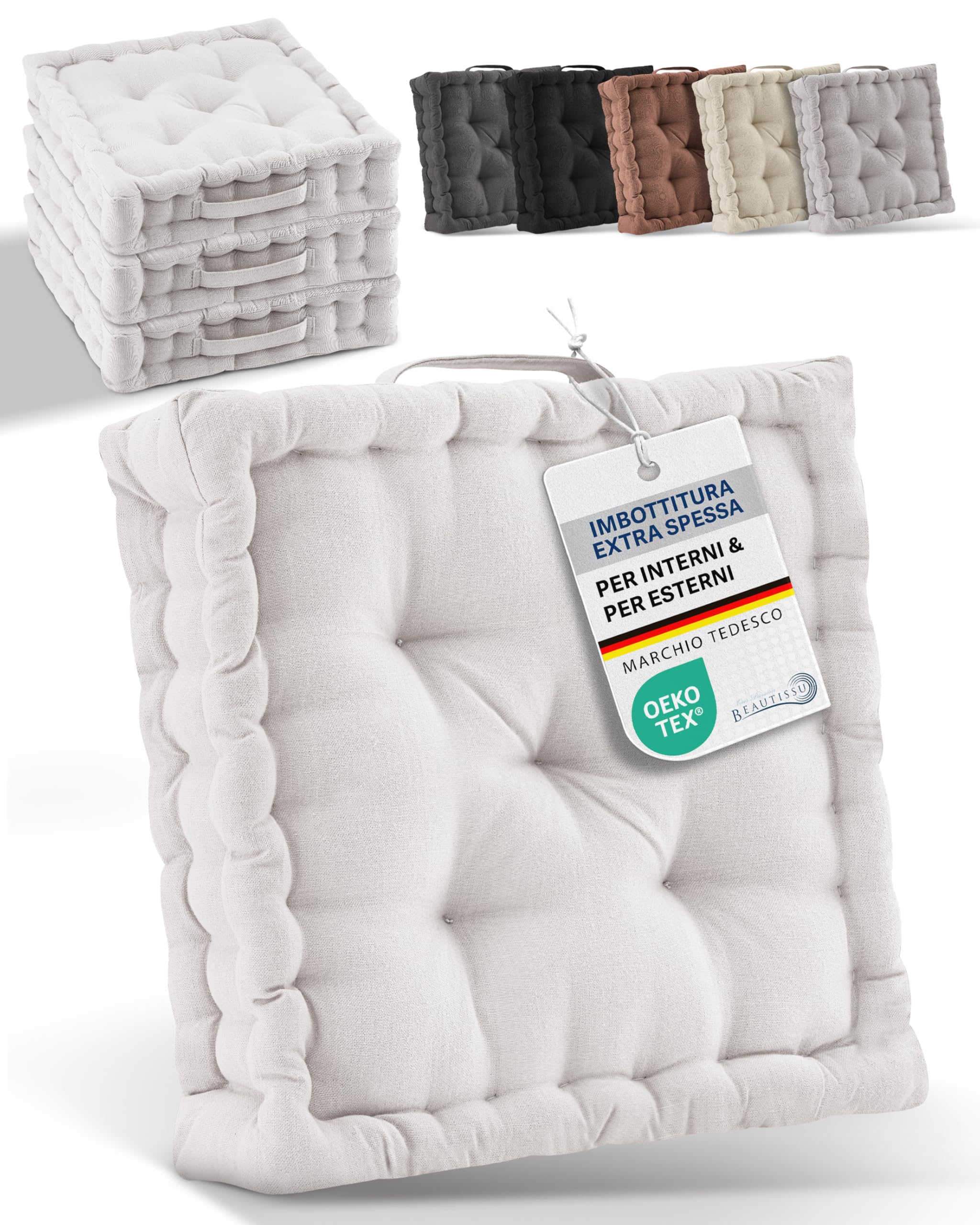 Beautissu Set di 4 cuscini da pavimento in cotone per sedia da interno | 40x40cm naturale materasso spesso 8cm 100% con maniglia da esterno Cuscino seduta Mila