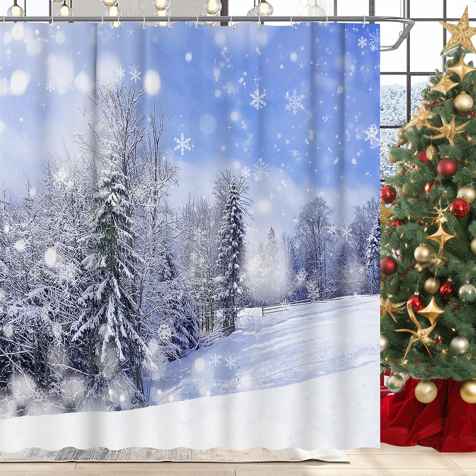 GOOESING Winter Shower Curtain Set with 12 Hooks Christmas Wonderland Forest Bokeh Snow Scene Pine Tree Bathroom Curtain Durable Waterproof Polyester Fabric Bathtub Sets Home Decor