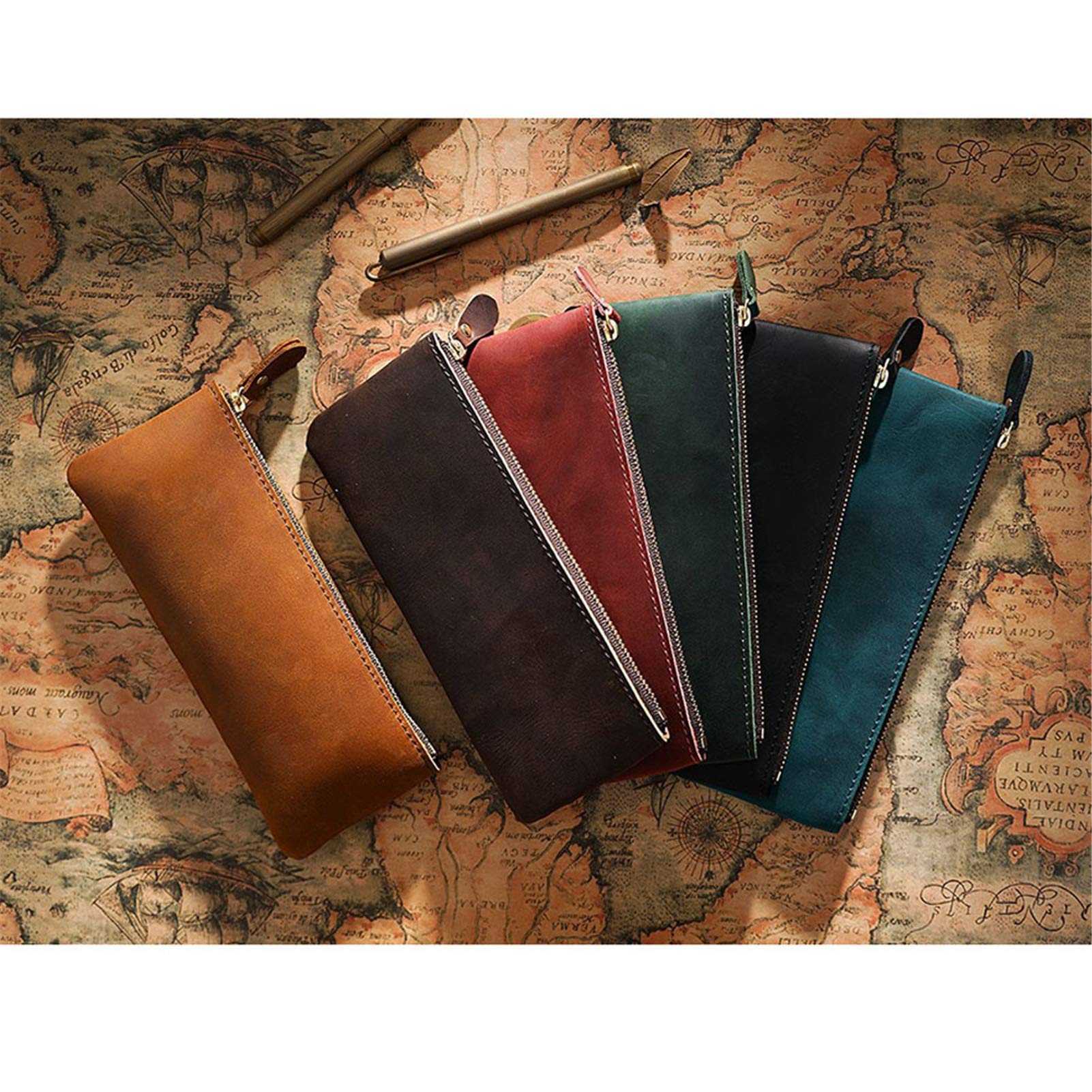 Estuches para lápices, Student & Professionals Essentials Durable Estuche para lápices de cuero genuino, práctico estuche para bolígrafos, caja de almacenamiento para llevar en la bolsa (verde oscur