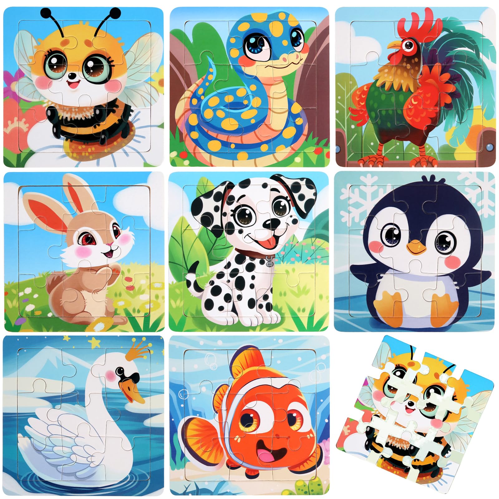 8 Pack Jigsaw Puzzles for Toddlers 3-6, 9 Piece Animal Wooden Puzzles for Kids, Children Learning Educational Puzzles Toys for Boys Girls