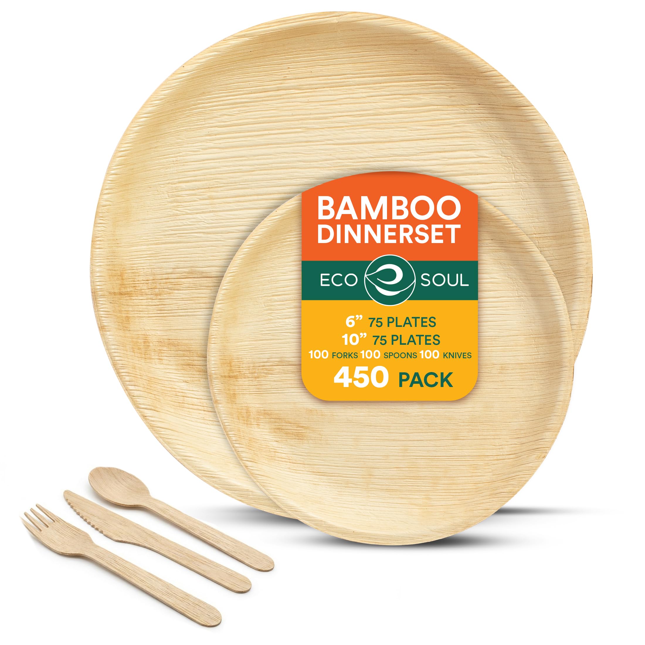 ECO SOUL Set di stoviglie compostabili al 100% in foglia di palma per 75 ospiti [piatti rotondi da 25,4 cm, 15,2 cm, 75 pezzi ciascuno, forchetta, coltello, cucchiaio, 100 pezzi ciascuno] | Utensili