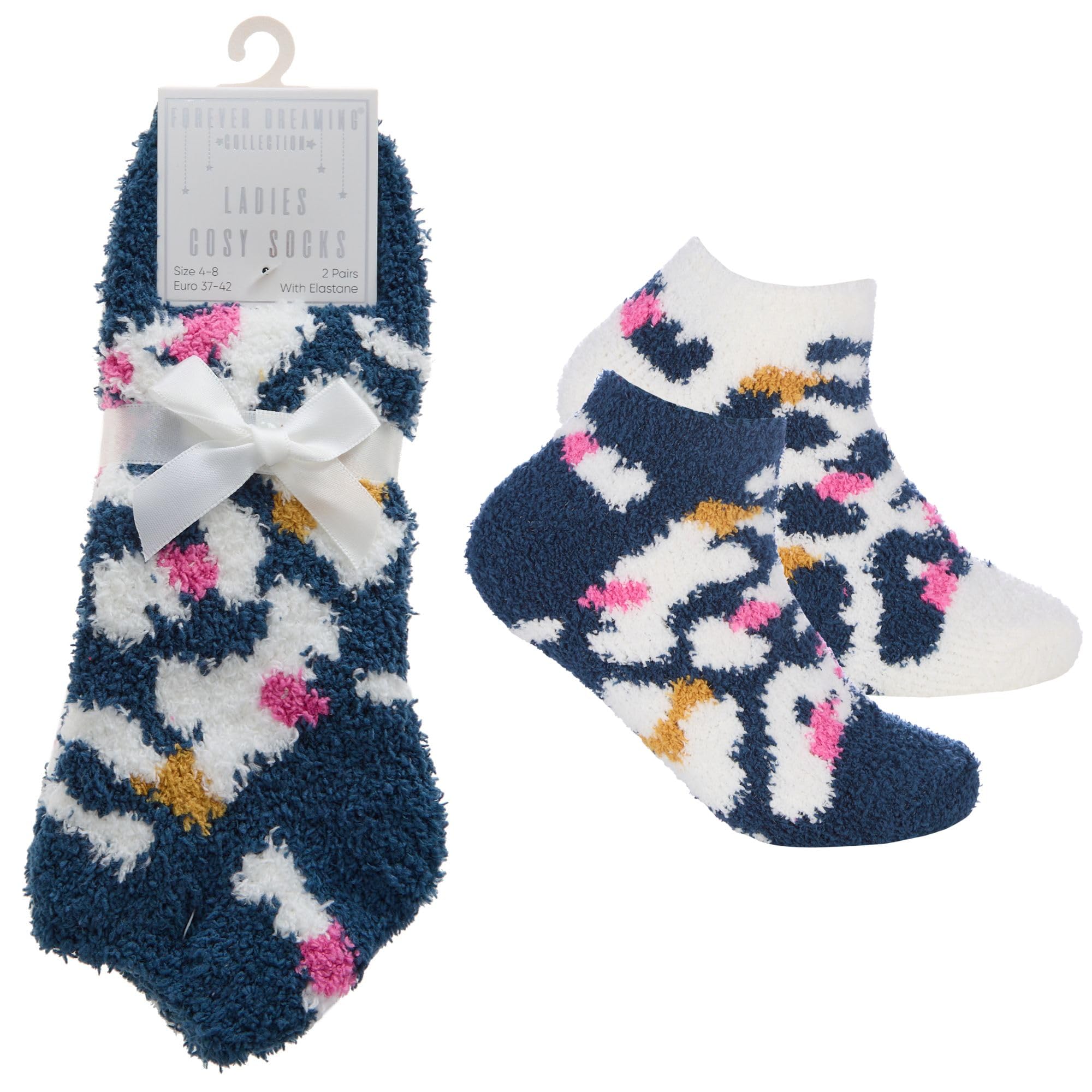 Metzuyan Women's 2 Pairs - Navy Ws-Aw25 2 Pairs Animal Leopard Print Trainer Liner Cosy Fluffy Bed Socks Size 4-8 Navy
