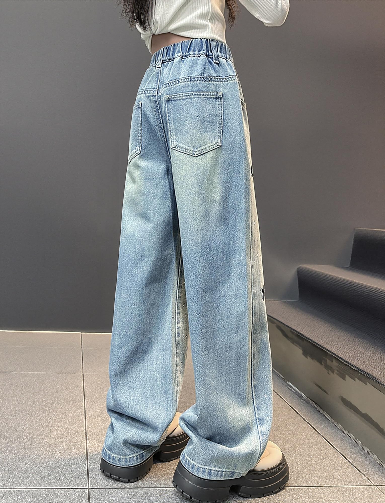 Jeans con Gamba Dritta Ragazza Pantaloni in Denim Elastico in Vita Pantaloni in Cotone Confortevoli Jeans Ricamati Traspirante 5-13 Anni