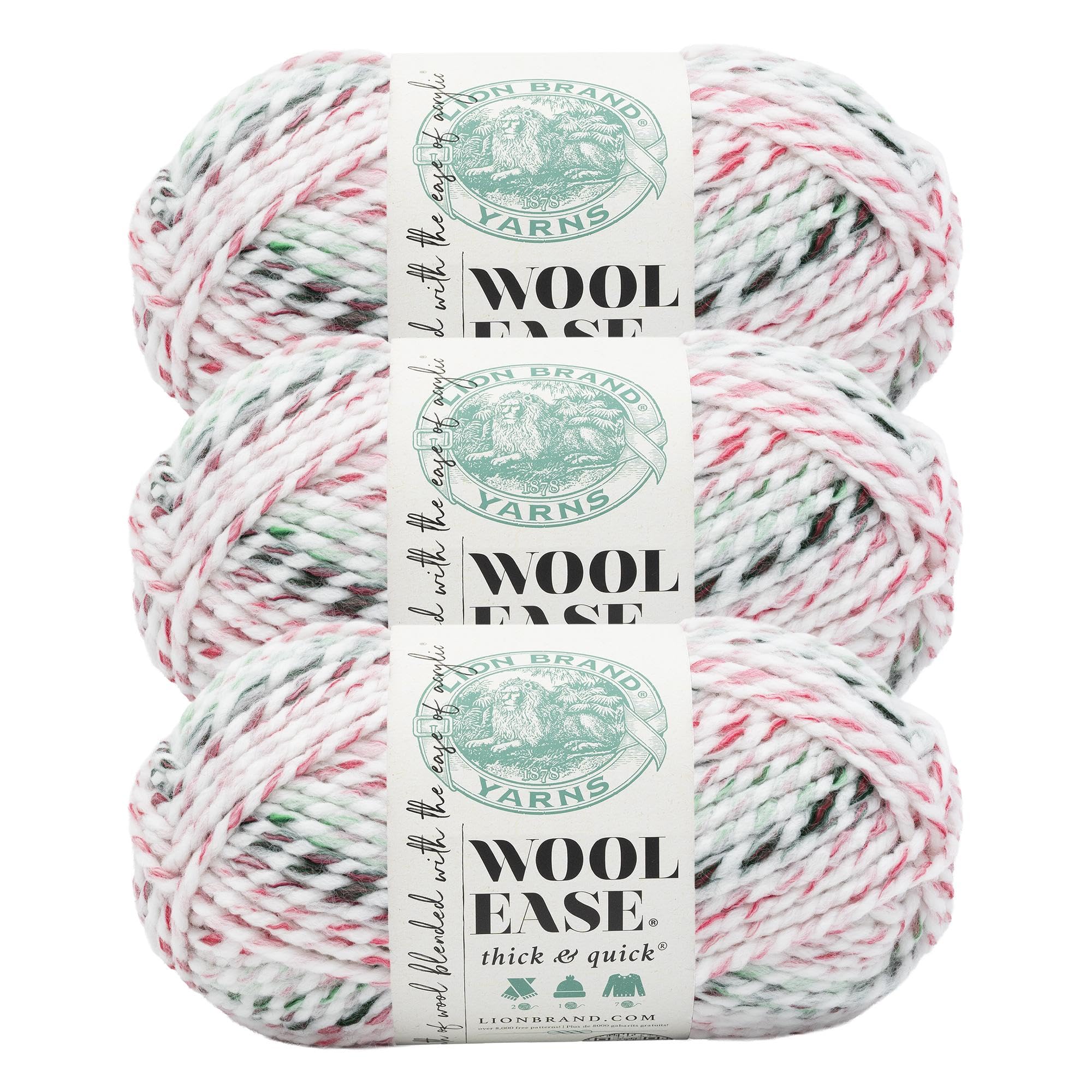 Lion Brand Yarn, Wool-Ease Thick &amp; Quick, Sleighberry, Multicolor, 3 Pack