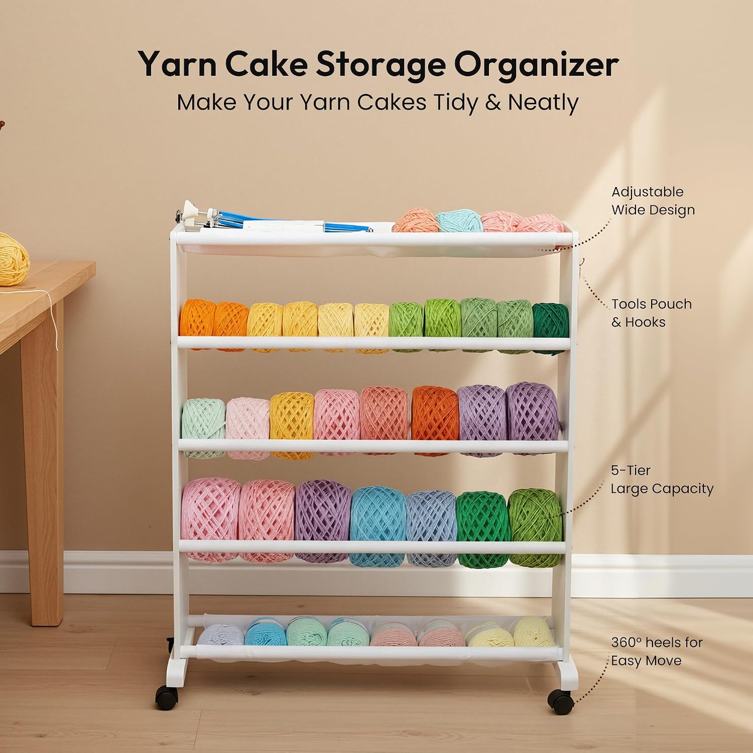 Etcokei Electric Yarn Winder & 5 Tier Yarn Cake Storage Rack, Wooden Cart for Yarn Ball Organize, Mobile Yarn Holder with 4 Rolling Wheels, Ideal for Craft Room Organization image 4