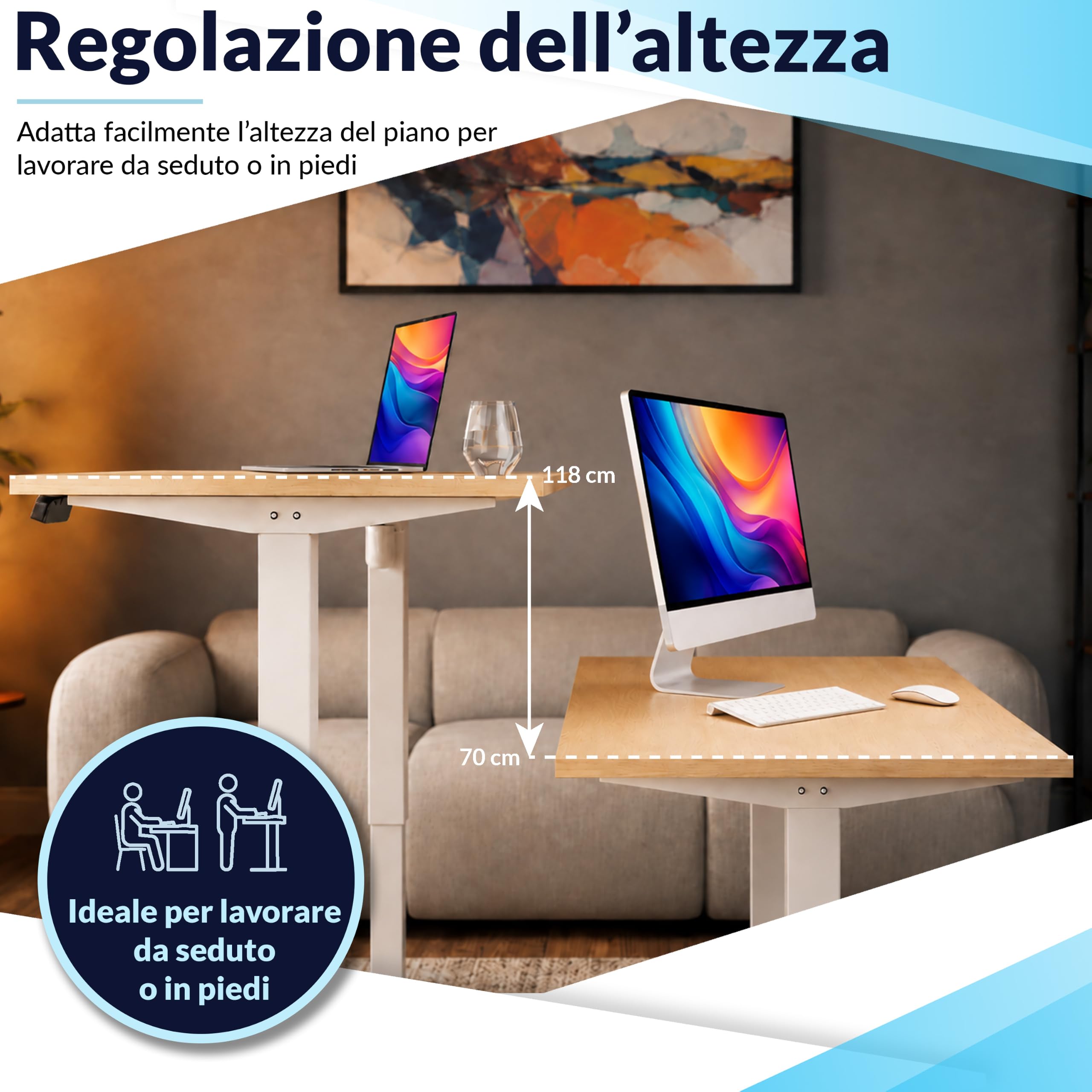 POKAR Scrivania Regolabile in Altezza Elettrica 160x80 cm | Piano Massiccio 25mm | Pannello Memory, USB-C e USB-A | Scrivania Motorizzata per Smart Working | Telaio Nero, Piano Quercia Craft Oro