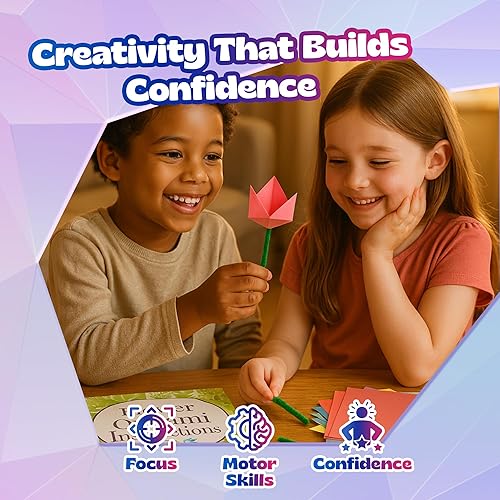 Vista 4 de Pinwheel Crafts Flower Origami Kit for Kids Ages 8-12 150 Pcs Origami Paper Kit w/Multicolor Folding Papers, Chenille Stems,Buttons and Jewels