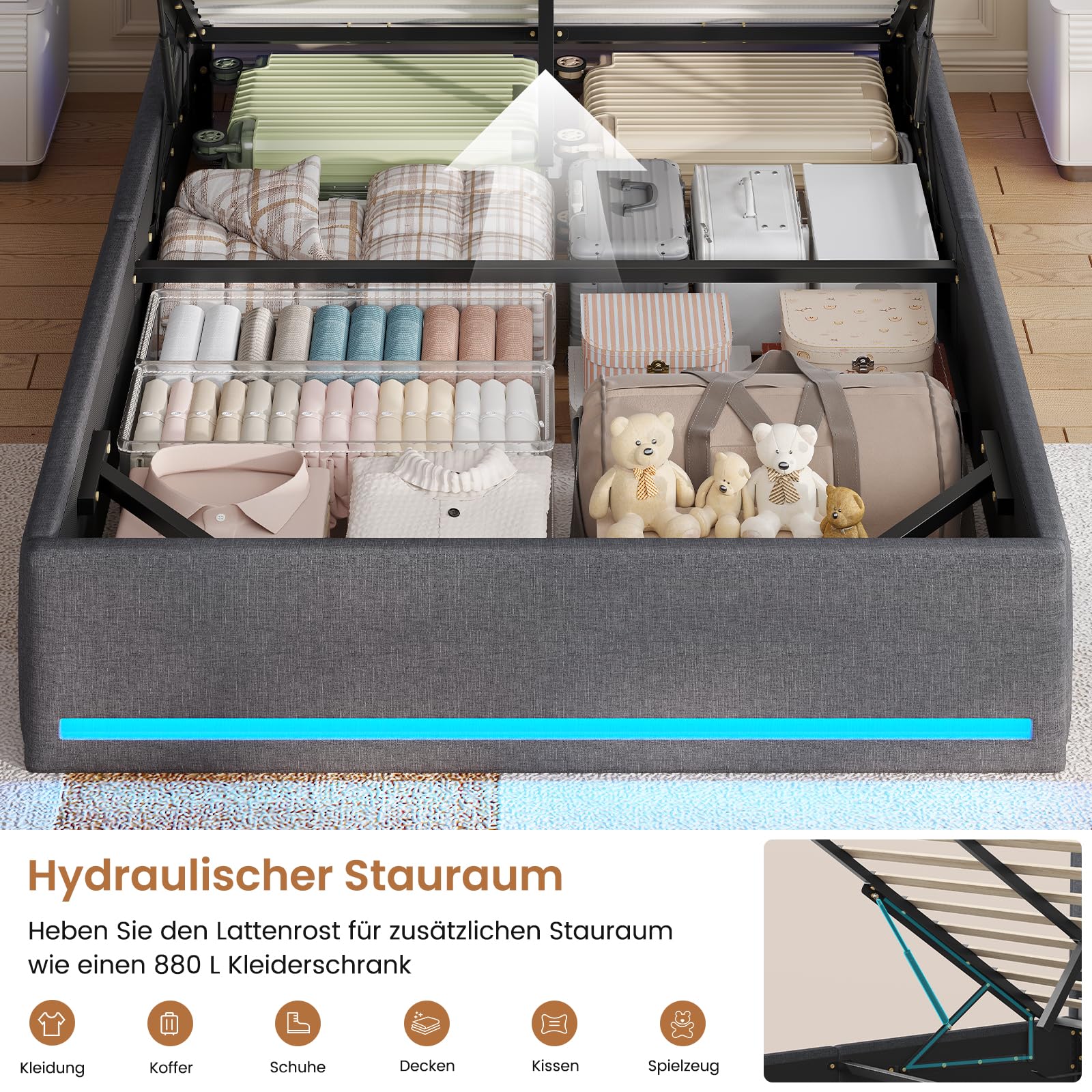 AOGLLATI Bett 140x190 Dunkelgrau mit LED Beleuchtung, USB & Hydrauliksystem | Polsterbett mit Bettkasten, Kopfteil Stauraum, Stauraum 30cm, inkl, Lattenrost,Doppelbett für Erwachsene,Leinen (No Matratze）