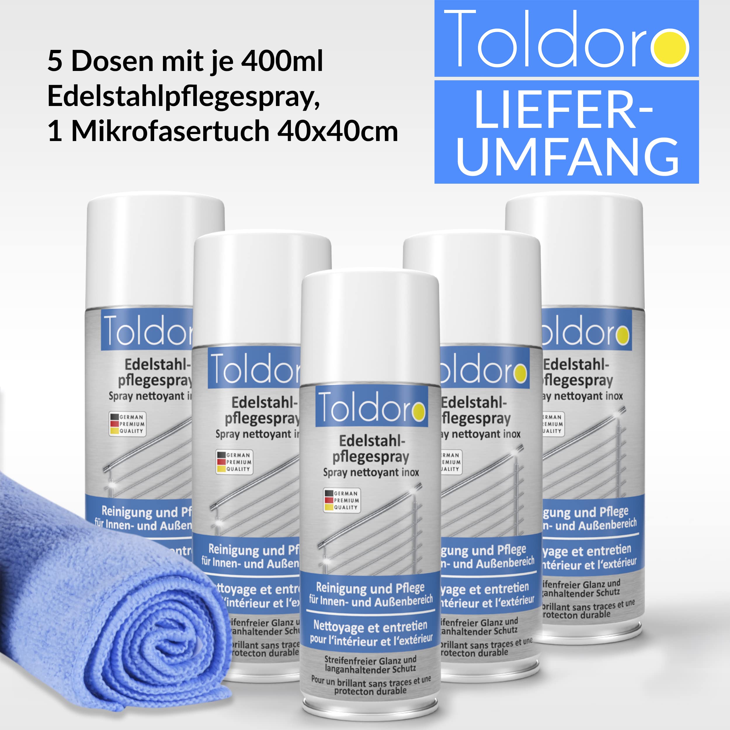Toldoro Set aus 5x Edelstahl Pflegespray 400ml & 1x Mikrofasertuch 40x40cm / Edelstahl Reiniger für Grill, Küche/Edelstahlpflege Spray als Edelstahl Reinigungsmittel inkl. Reinigungstuch