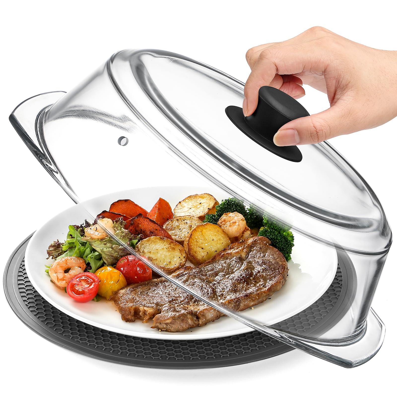 2 in 1 Tall Glass Microwave Splatter Cover for Food Microwave Place Mat Plate Splatter Guard Lid with