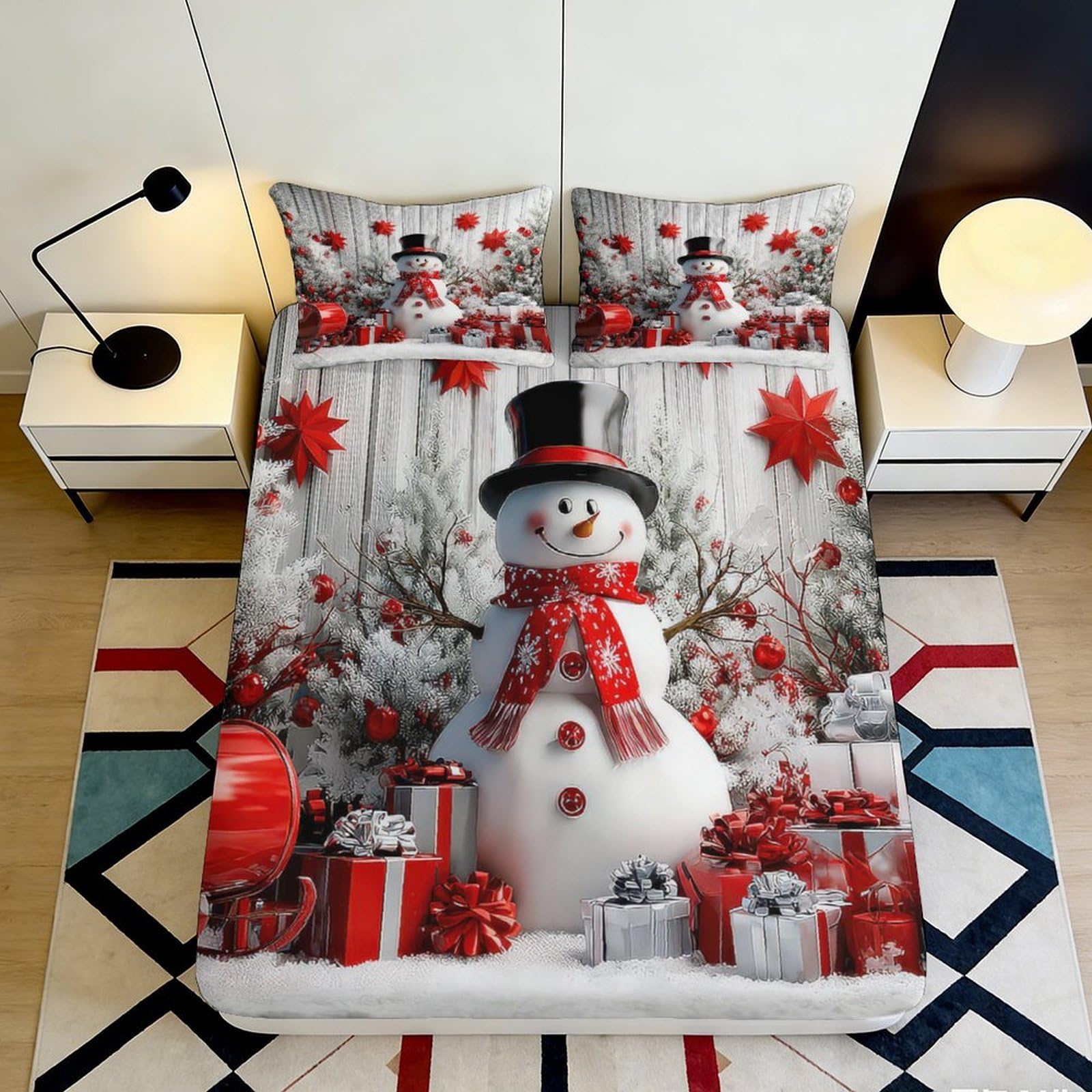 Pnayamiorkfel Style-3 3D Printed Snowman Christmas Fitted Sheet Microfiber Red White Winter Scene Bed Cover For Bedroom Guest Room Decor 90X200x25cm