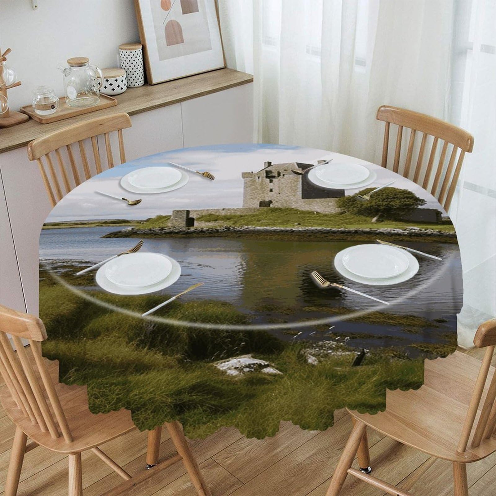 VstaDank View of The Dunguaire Castle Round Tablecloth 60 Inch Easy to Clean Circle Table Cover Thick Decorative Round Polyester Table Cloth for Dining Kitchen Party Farmhouse Outdoor