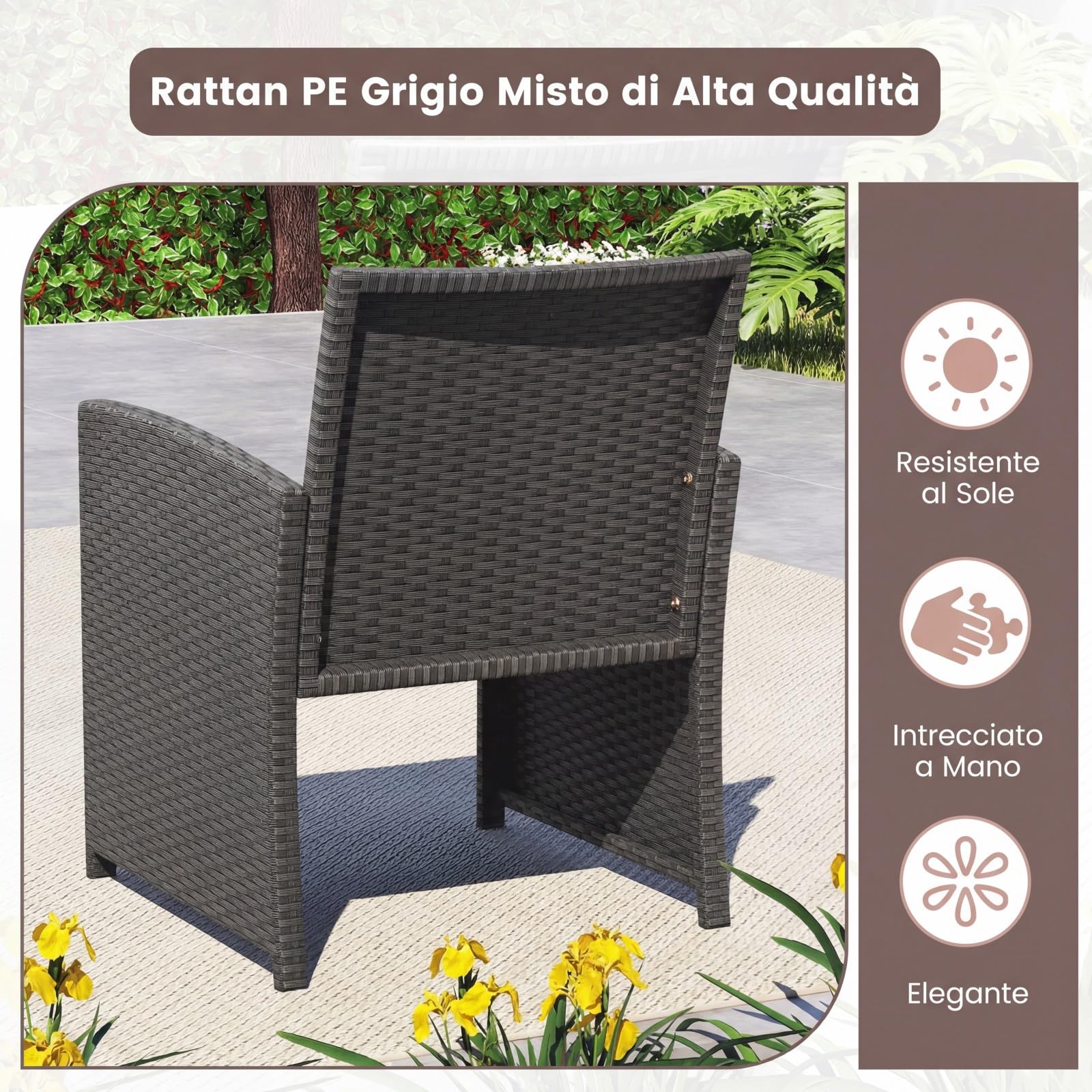 COSTWAY Set Salotto da Giardino 4 Pezzi, Divanetto e Poltrone in Rattan con Tavolino da Caffè in Vetro Temperato, Grigio