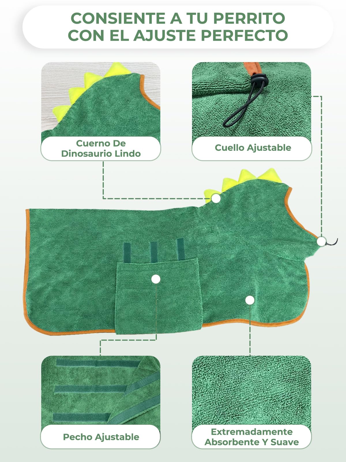 Albornoz para Perros Microfibras Albornoz, Bibykivn Toallas para Perros Gatos Ajustable, Secado Rápido Bata de Perro con Velcro, Absorbente Perros Toallas para Baño o Lluvia (L, Verde)