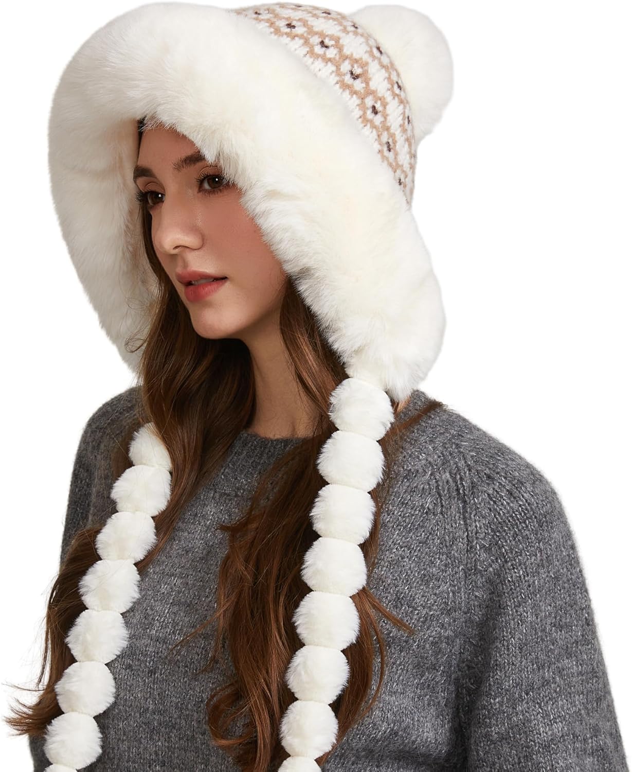 HUAMULAN Women Winter Beanie Hat Earflap Peruvian Warm Slouchy Fleece Lined 3 Pom Poms Knit Sherpa Soft Ski Hats