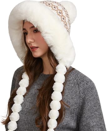 HUAMULAN Women Winter Beanie Hat Earflap Peruvian Warm Slouchy Fleece Lined 3 Pom Poms Knit Sherpa Soft Ski Hats