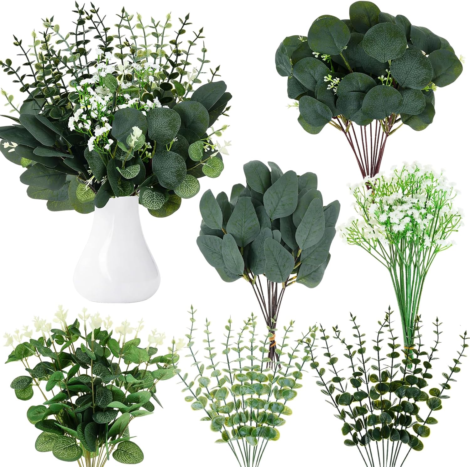 VAIPI 144 Pcs 6 Kinds Mixed Eucalyptus Stems Bulk Faux Silver Dollar Leaves Eucalyptus Leaves Babys Breath Greenery Stems Artificial Plant Spray Floral Arrangement for Wedding Decor Vase Centerpieces