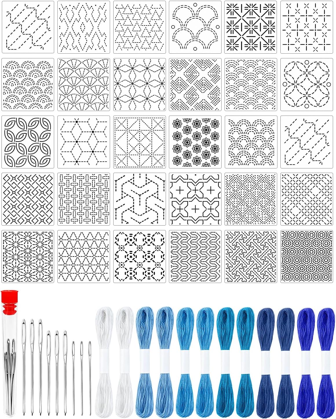 eZAKKA 51 Pack Blue Sashiko Kit with 30 Templates, 9 Sashiko Needles, 12 Blue Thread Skeins, Embroidery Kit for Hand Sewing, Quilting, Visible Mending, Patterns & Needlework