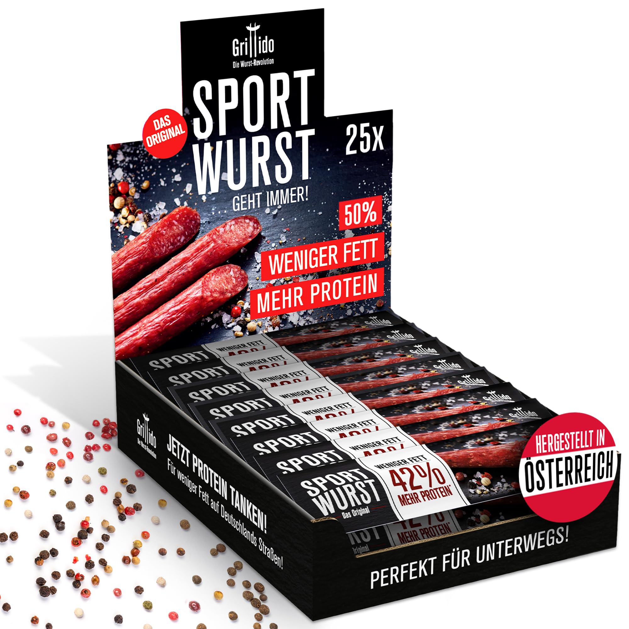 Grillido Original Sportwurst 25x25g (625g) – Proteinreicher Pork Snack mit 42% Eiweiß, knackige Konsistenz, ohne Zucker – Herzhafte Alternative zu Pork Jerky, Bacon Snack & Protein Bar
