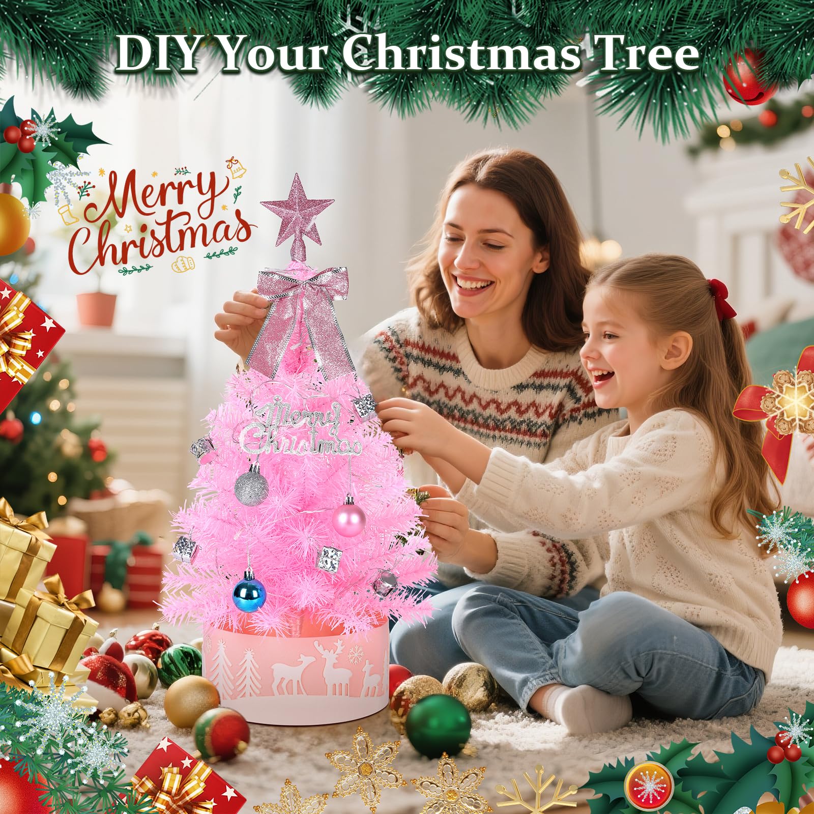 60cm Pinker Künstlicher Weihnachtsbaum mit Bunten LED-Lichtern - DIY-Deko-Set inkl. Sternspitze, Schleife, Baumrock, Trommeln & Geschenkboxen - Rosa Tischbaum für Mädchenzimmer & Homeoffice