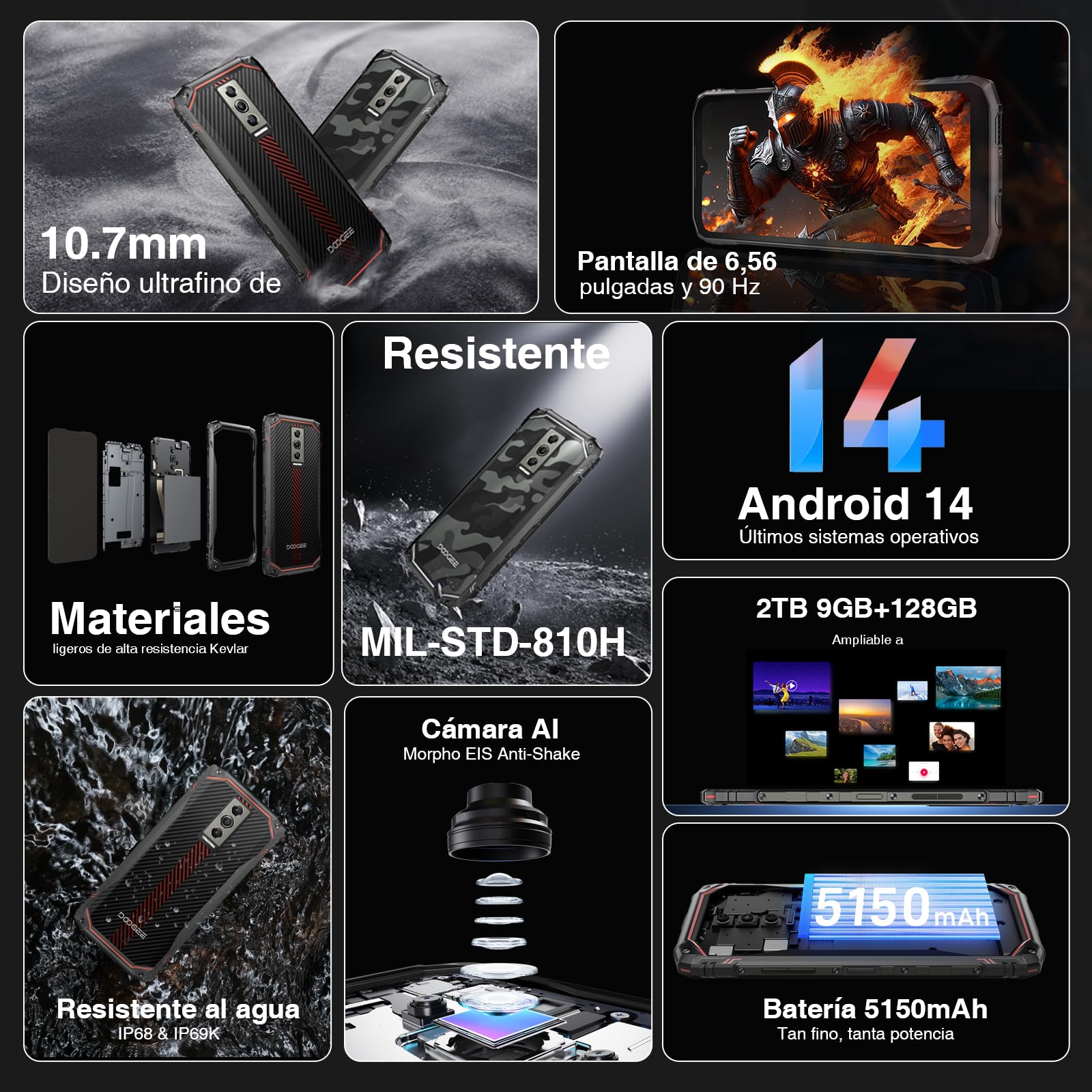 Blade 10 Movil Irrompible Android 14, 9GB+128GB/2TB TF, 6,56" FHD+90Hz | Teléfono Móvil Resistente 4G, 5150mAh Smartphone Octa Core, Cámara 16MP+8MP, Widevine L1/IP68IP69K/Face ID/NFC Moviles
