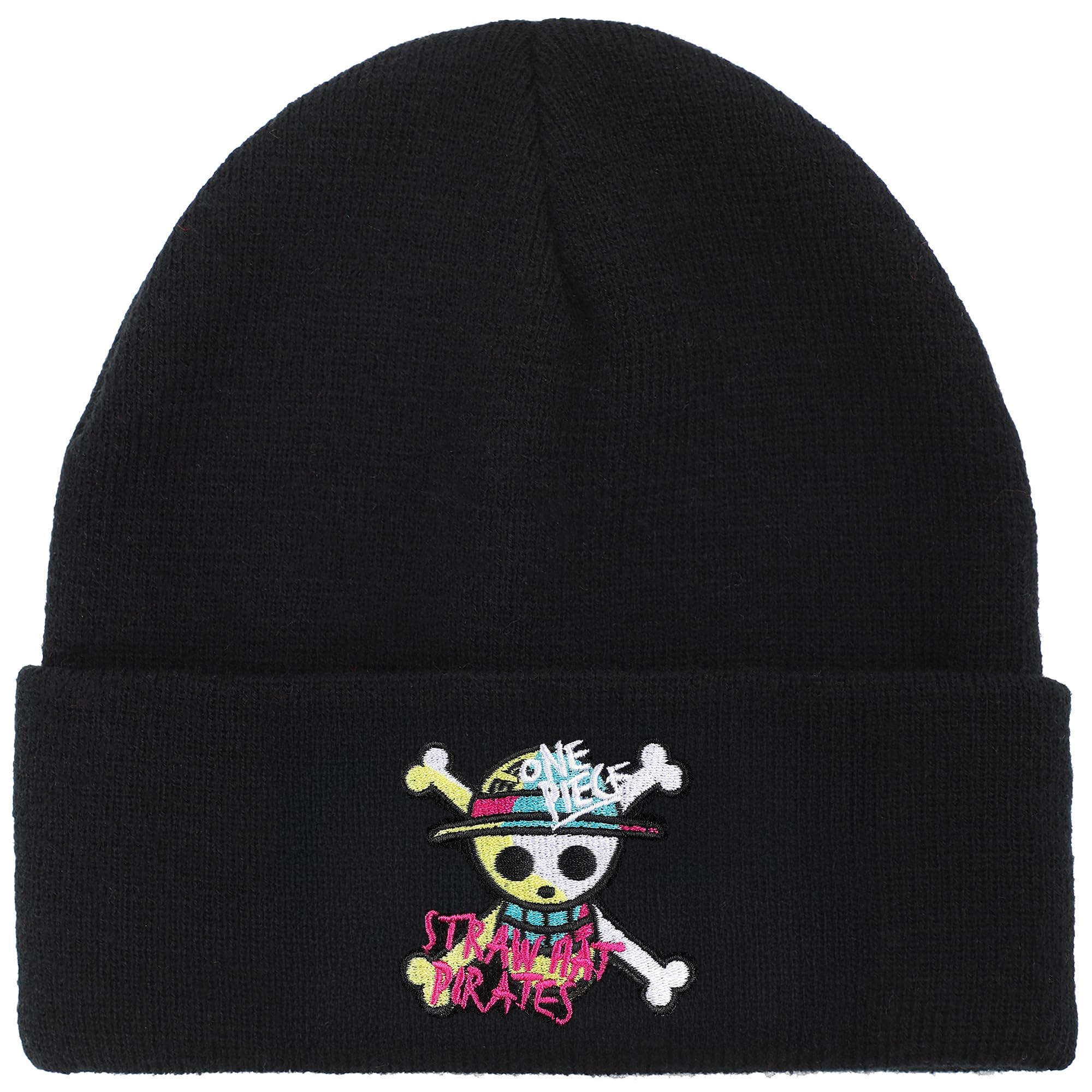 Bioworld Men's One Piece Jolly Roger Bioword One Piece Beanie Anime Jolly Roger Pirate Cuff Embroidery Ribbed Black Acrylic Knit Cuff Wolly Hat Official Merch