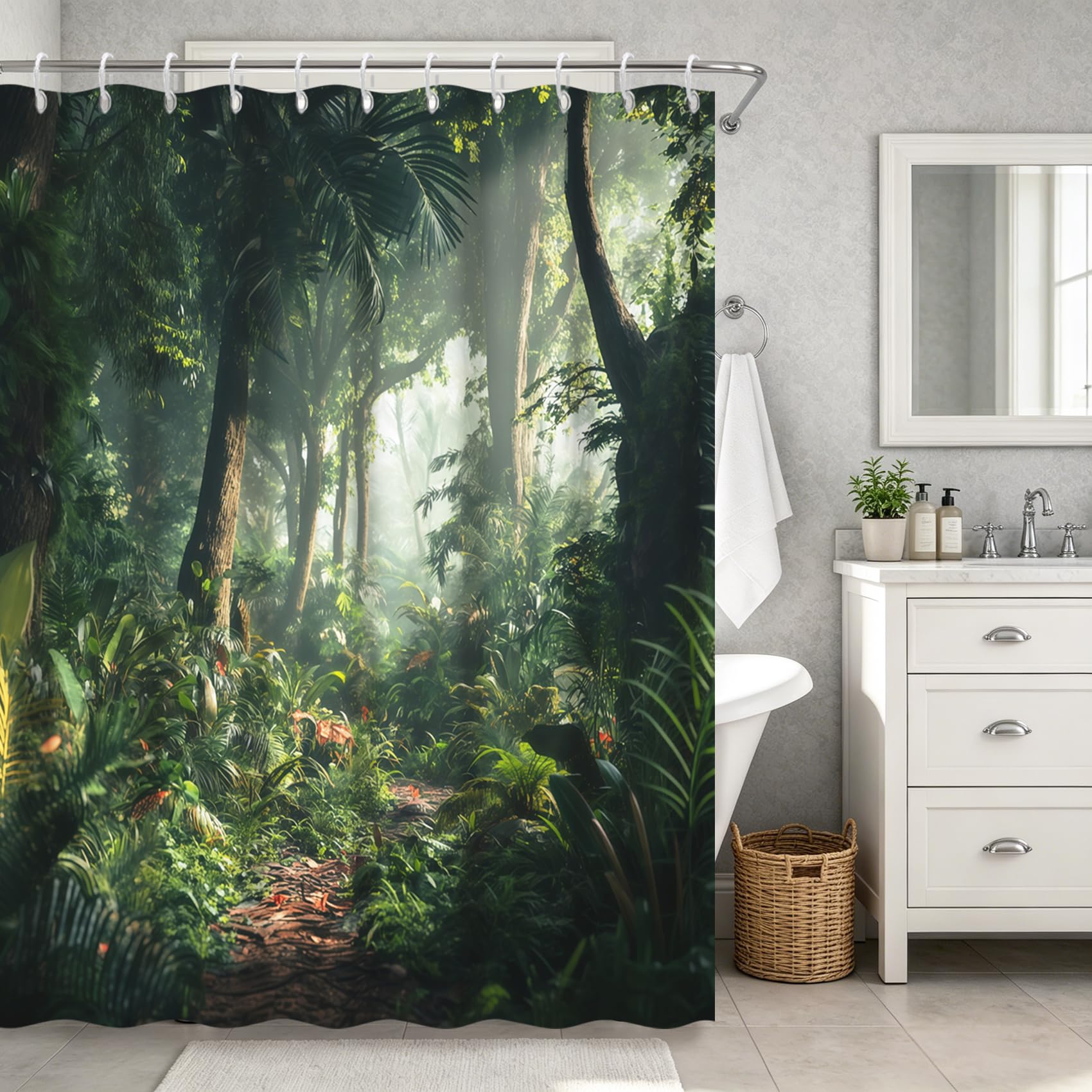 GICDSU Green Tropical Forest Shower Curtain with Hooks, Modern Jungle Nature Botanical Shower Curtain for Bathroom, Waterproof Fabric Bath Curtain Set, 72" x 72"