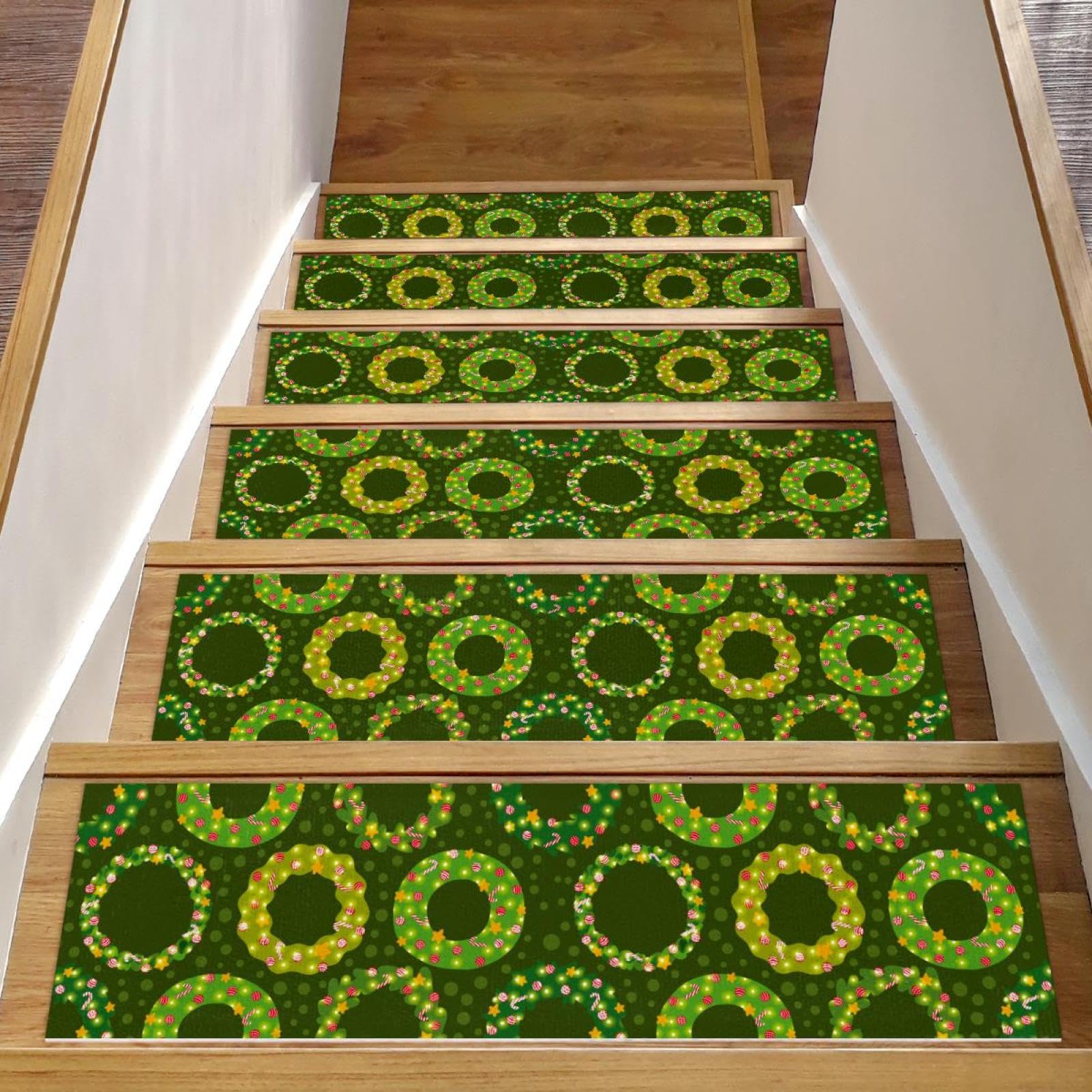 Tapis d'escalier antidérapants lot de 15 marches bois motif Noël vert 20x76cm
