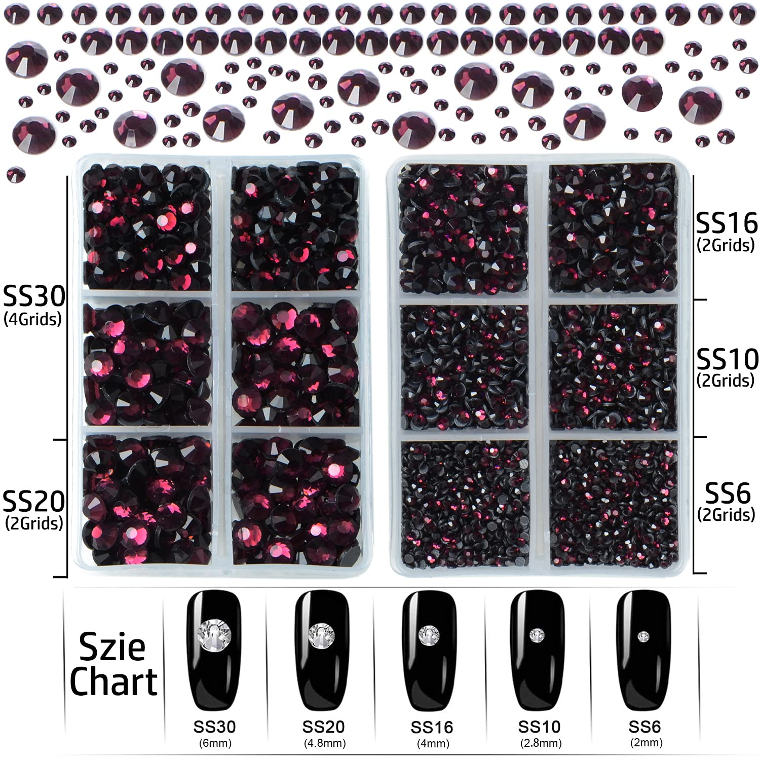 LPBeads 6400 szt. ametystowe cyrkonie z płaskim tyłem 5 rozmiarów mieszane okrągłe kryształowe kamienie szlachetne z pęsetą i kryształami górskimi