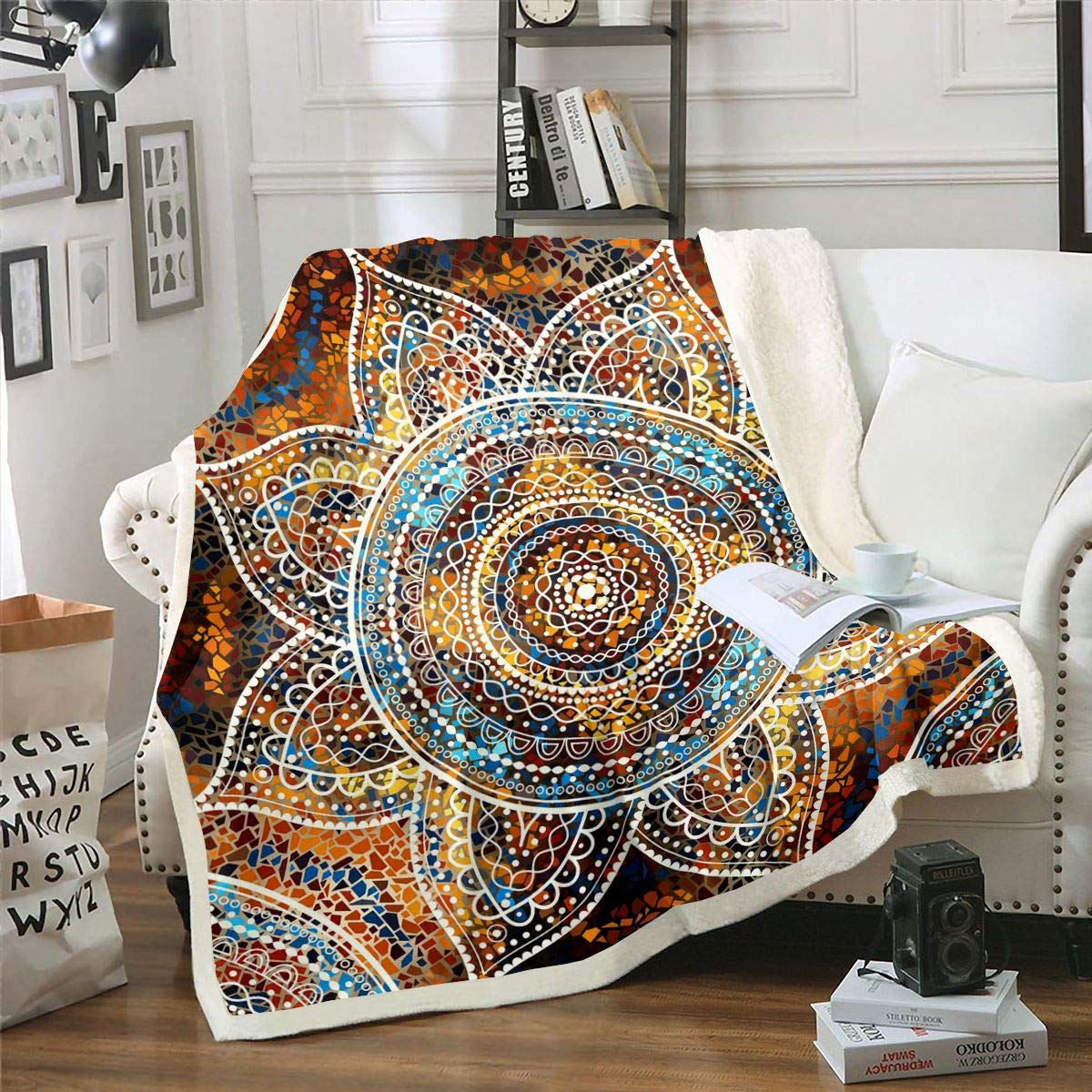 Homemissing Hippie Mandala Sherpa Blanket Boho Mandala Paisley Fleece Throw Blanket Bohemian Exotic Floral Plush Blanket for Sofa Bed Flowers Double 60x79 Inch