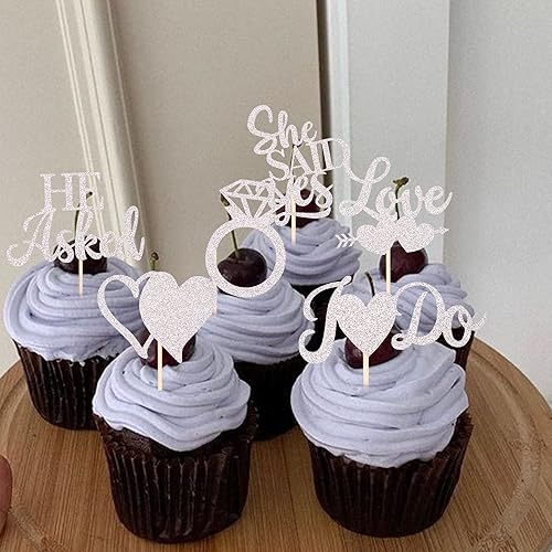 Miniatura 6 de Paquete de 36 adornos para cupcakes con purpurina He Asked She Said Yes con purpurina Love Heart I do, para despedida de soltera, pasteles,