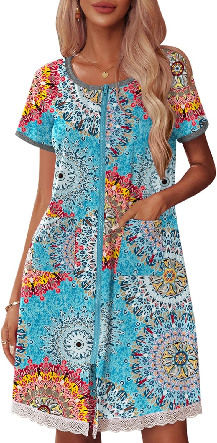 Ekouaer Womens Zipper Front Housecoats Short Sleeve Bathrobes Lace Trim Nightgown with Pockets