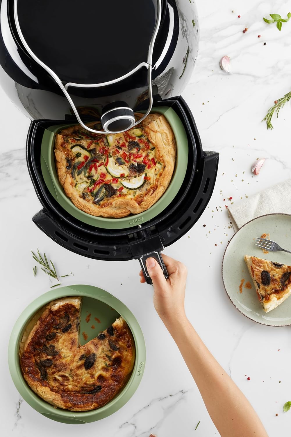 Lékué 3pc Air Fryer Liner + Utensil Set - Green - 100% Platinum Silicone Baking Pan for Air Frying, Fits in Draw Tray, Deep Airfryer Liner & Matching Tongs & Cooking Oil Brush - Air Fryer Accessories