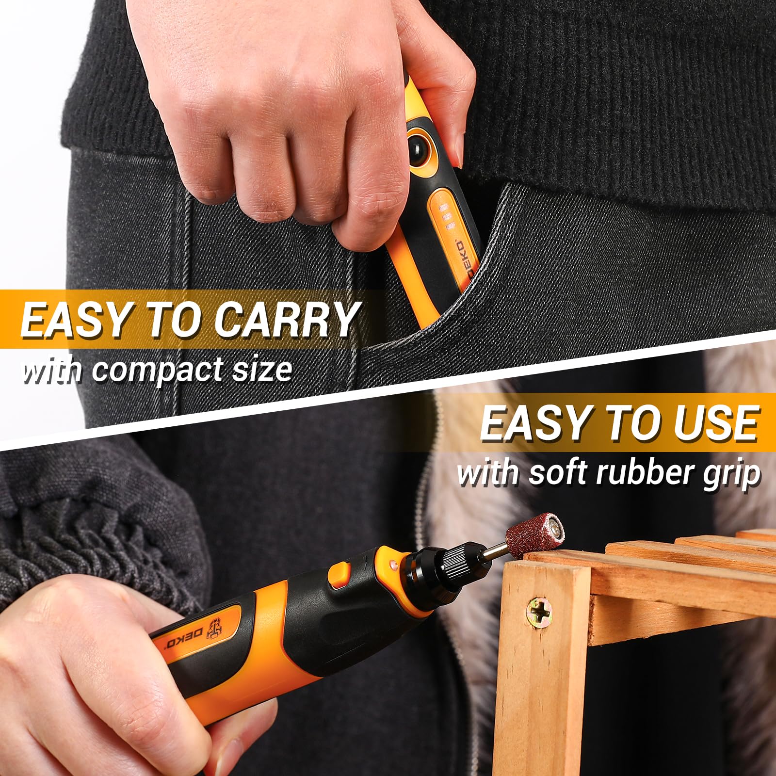 Utensile rotativo ricaricabile: DEKOPRO 3,7 V utensile rotativo, completo di 70 accessori per la levigatura. Un potente utensile con indicatore di velocità variabile e ricarica di tipo C.