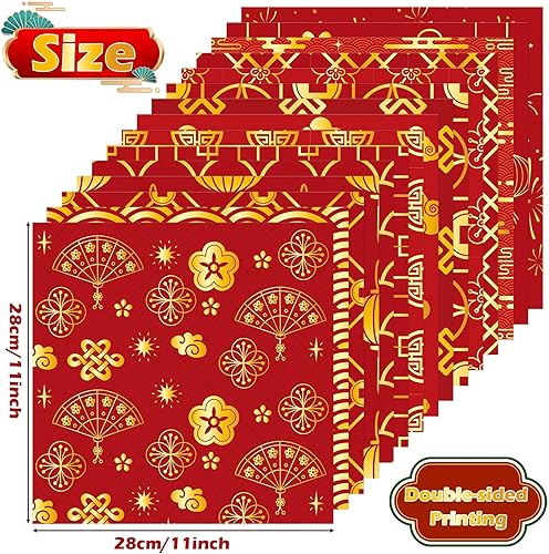 Miniatura 2 de Haooryx Juego de 60 piezas de papel estampado del Año Nuevo Chino, de doble cara de 11'x11', rojo y dorado, tema del Festival de Primavera, papel