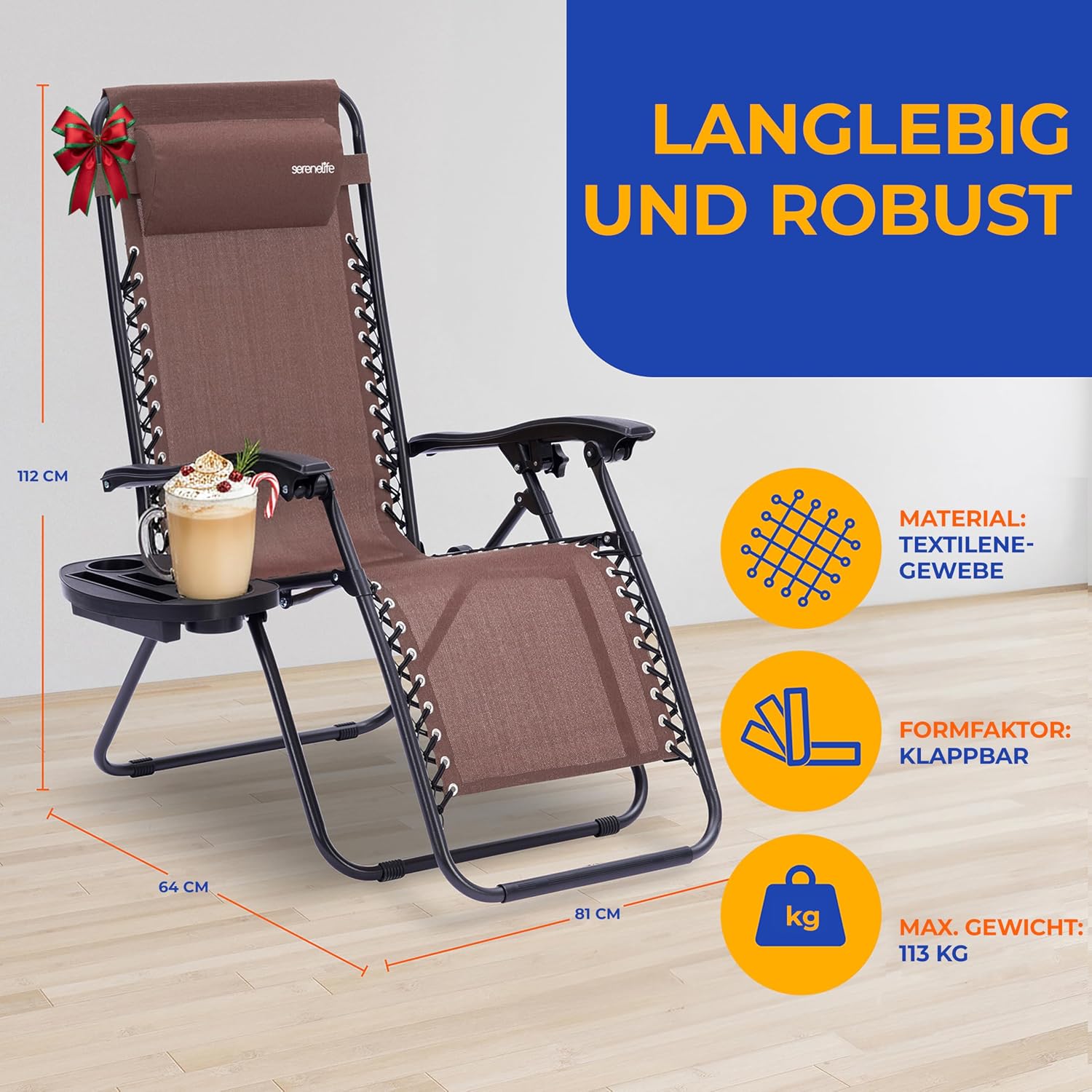 SereneLife Outdoor Zero Gravity Lounge Chair Set, 2 Pack Adjustable Recliner Chairs with Cup Holder Side Table and Padded Headrest, Foldable Patio Lawn Chairs, Weather Resistant Design (Brown)