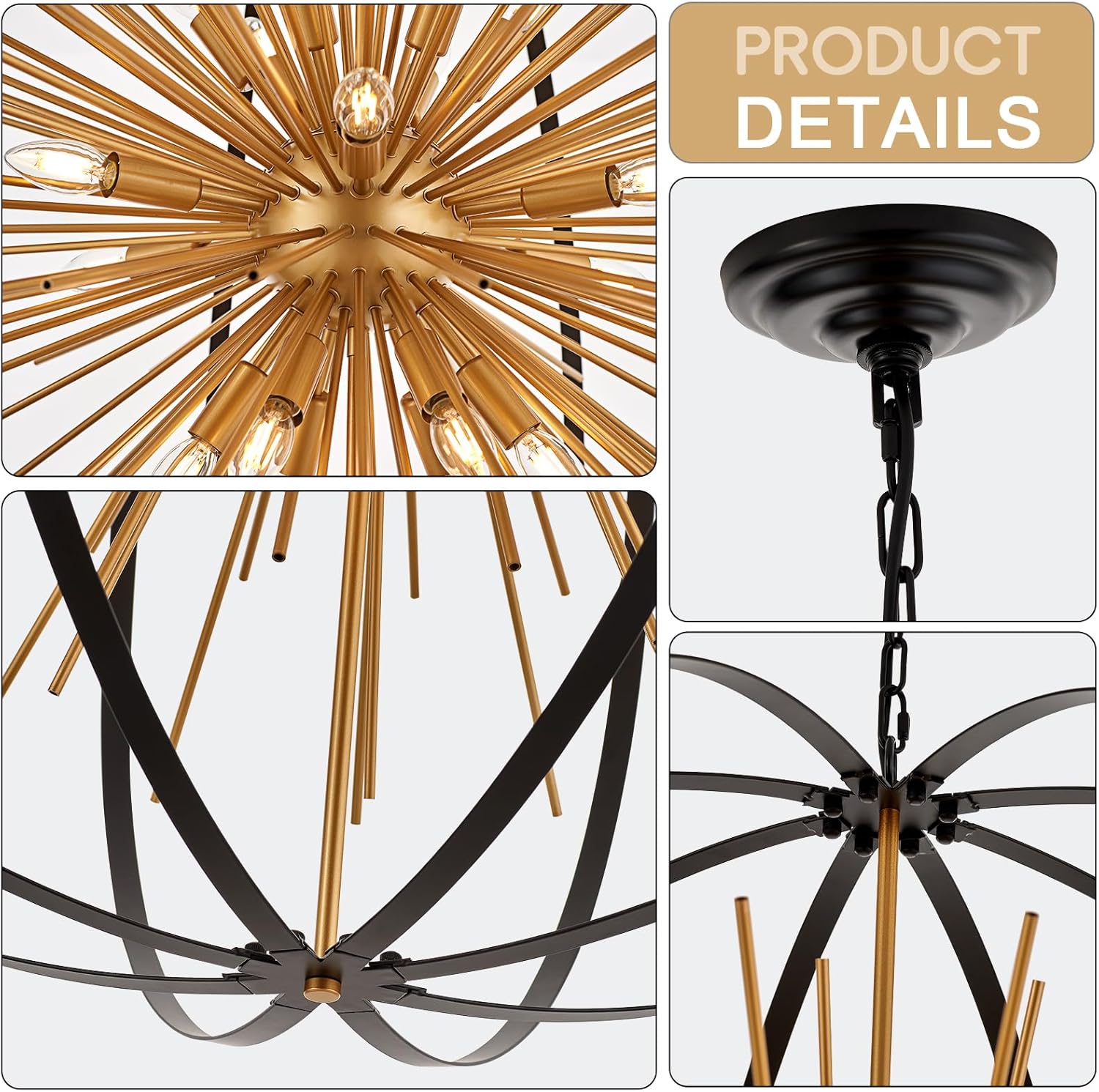 43.3" Black Gold Large Globe Sputnik Chandelier, 18-Light Mid Century Modern Starburst Golden Solid Metal Satellite Light Fixture for High Ceiling Living Room Dining Room Stairway, E12