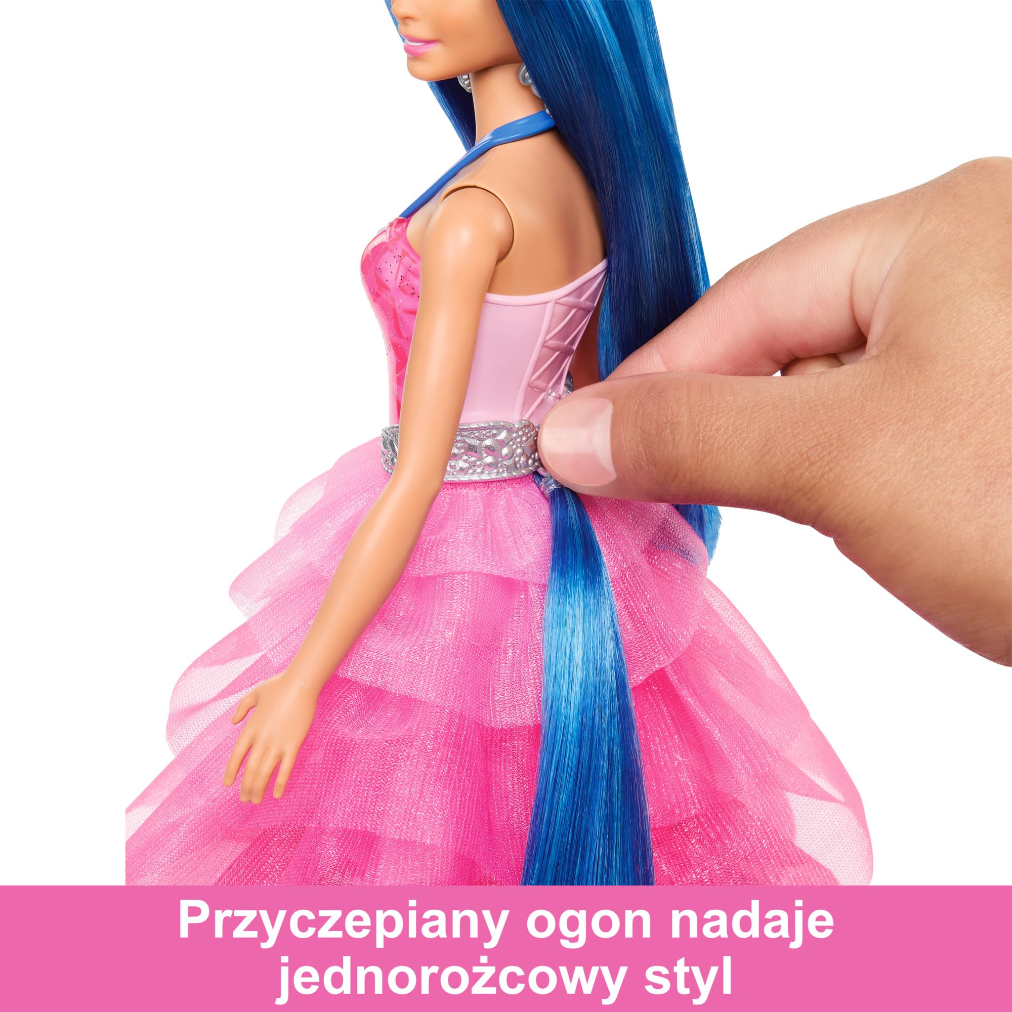 Barbie Sapphire Skrzydlaty jednorożec Lalka 65 rocznica z niebieskimi włosami, różową suknią i akcesoriami, takimi jak szafirowe skrzydełka i jednorożec ze skrzydłami, HRR16