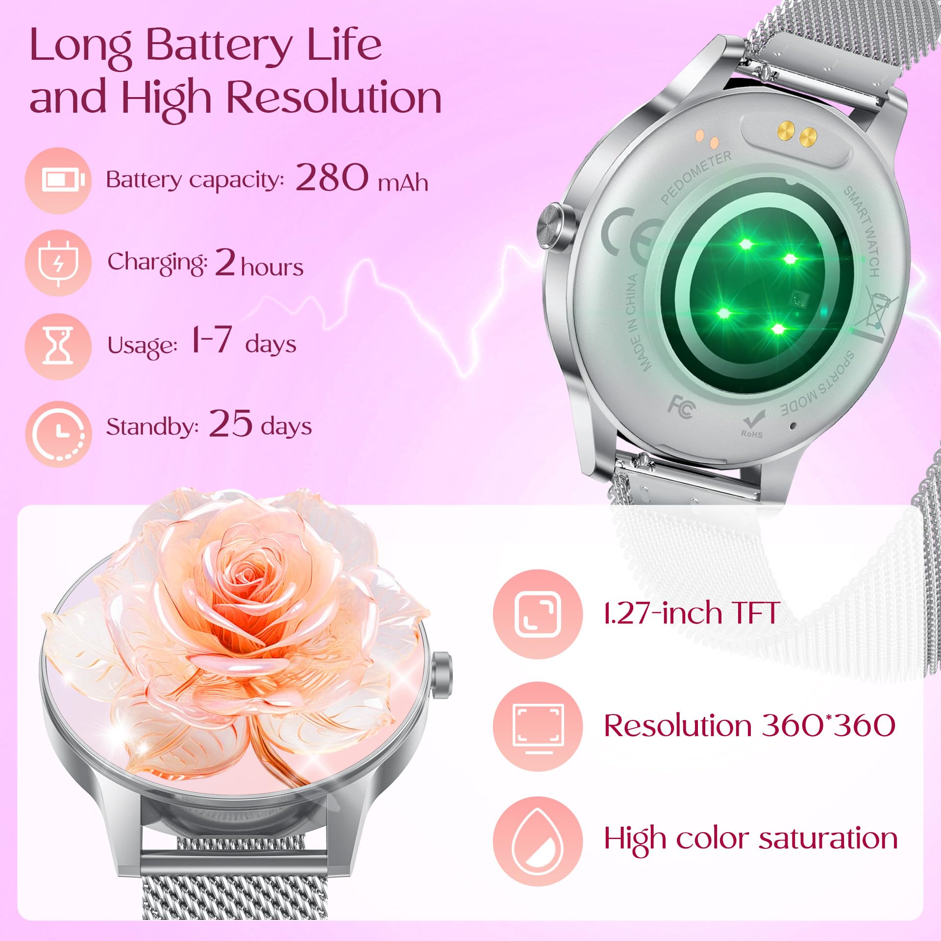Smartwatch Donna Orologio Chiamate Bluetooth: 1,27" Tondo Touch Orologi Smart Watch da Impermeabile Sport Fitness Contapassi Cardiofrequenzimetro Pressione Caloriec Argento Polso Android iOS Telefono