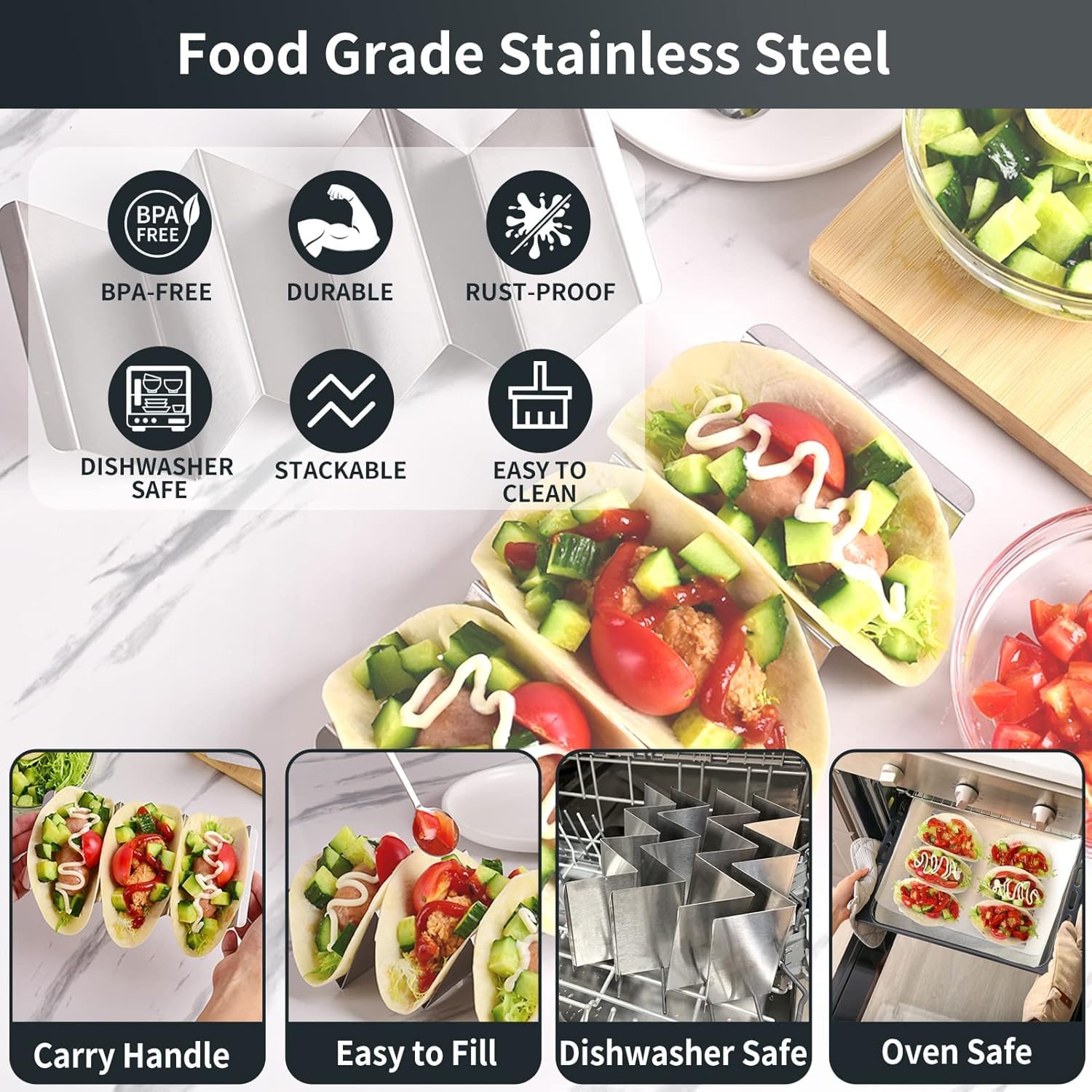 LATERN 6 Pezzi Porta Tacos, 21CM x 10CM Supporto per Tacos in Acciaio Inox Vassoi Verticali per 3 Pezzi Tacos Eleganti Porta Tacos con Manici - Resistente al Forno, Griglia e Lavastoviglie